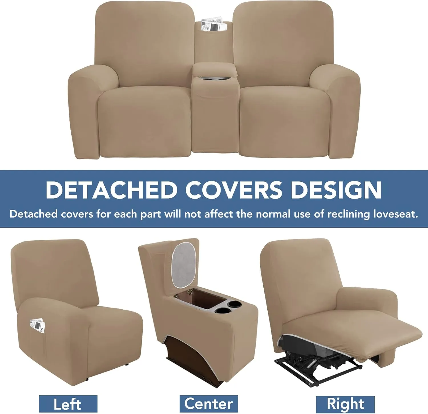 Easy-Going Stretch Recliner Loveseat Cover with Center Console Sofa Slipcover Soft Fitted Fleece 2 Seats Couch with Holder and Storage Washable Furniture Protector Camel