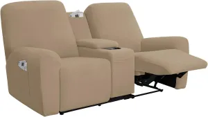Easy-Going Stretch Recliner Loveseat Cover with Center Console Sofa Slipcover Soft Fitted Fleece 2 Seats Couch with Holder and Storage Washable Furniture Protector Camel