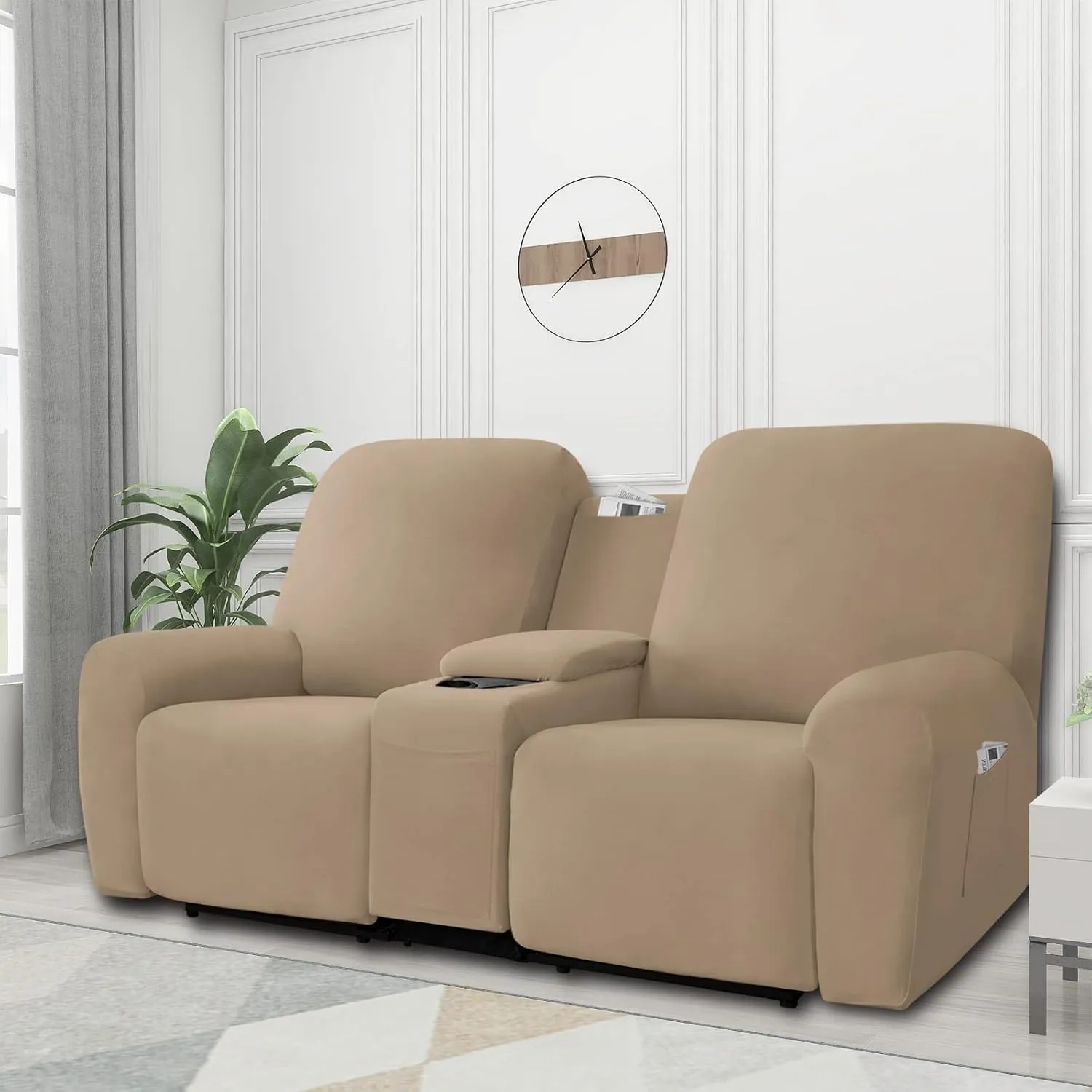 Easy-Going Stretch Recliner Loveseat Cover with Center Console Sofa Slipcover Soft Fitted Fleece 2 Seats Couch with Holder and Storage Washable Furniture Protector Camel