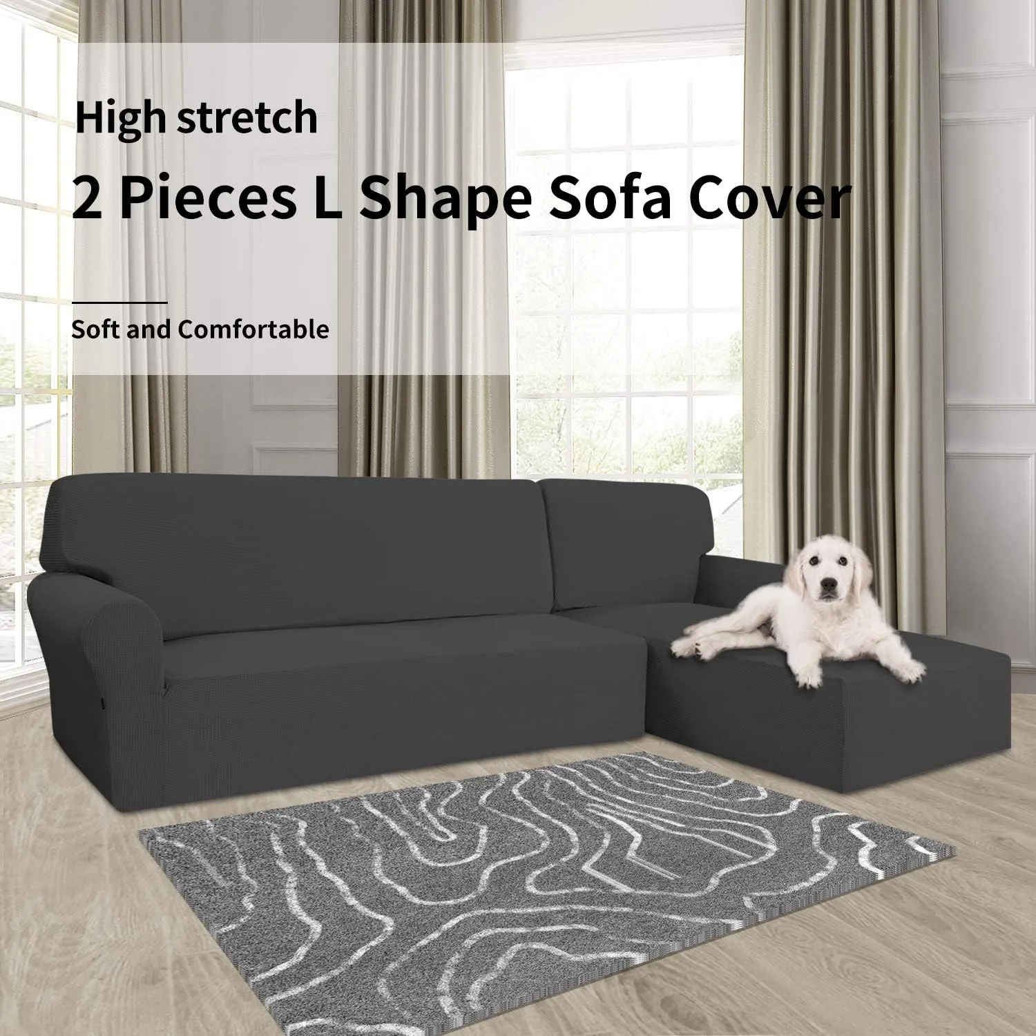 Easy-Going Stretch Sofa Slipcover 2 Pieces L-Shaped Sofa Cover Sectional Couch Cover for Living Room Jacquard Fabric Chaise Lounge Slipcover with Elastic Bottom for Dogs Kids Pets(Large,Dark Gray)