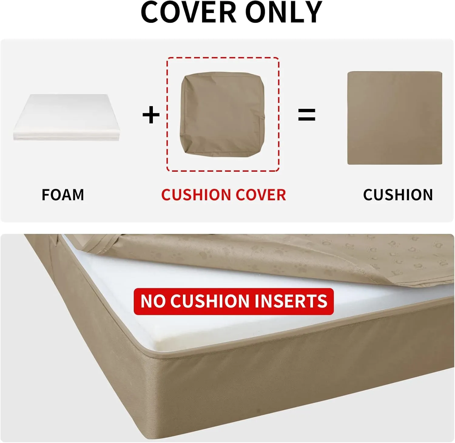 Easy-Going Waterproof Patio Cushion Covers Only 24x24x4 inch 4 Pack Replacement Non-Slip Outdoor Seat Cushion Slipcover with Zipper. Camel