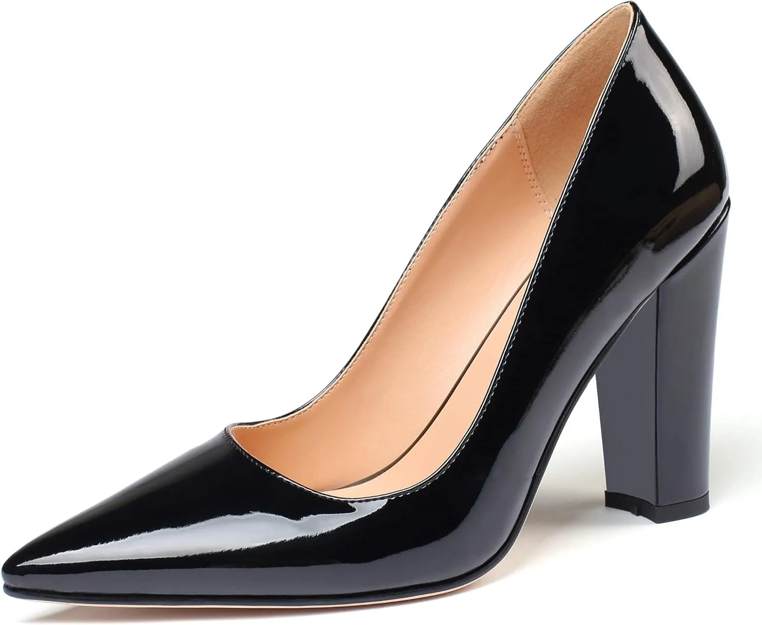 Eldof Women's Pointed Toe Chunky High Heel Pumps Slip On 4 Inches Block Heels Comfortable High Heeled Dress Shoes for Wedding Party Event