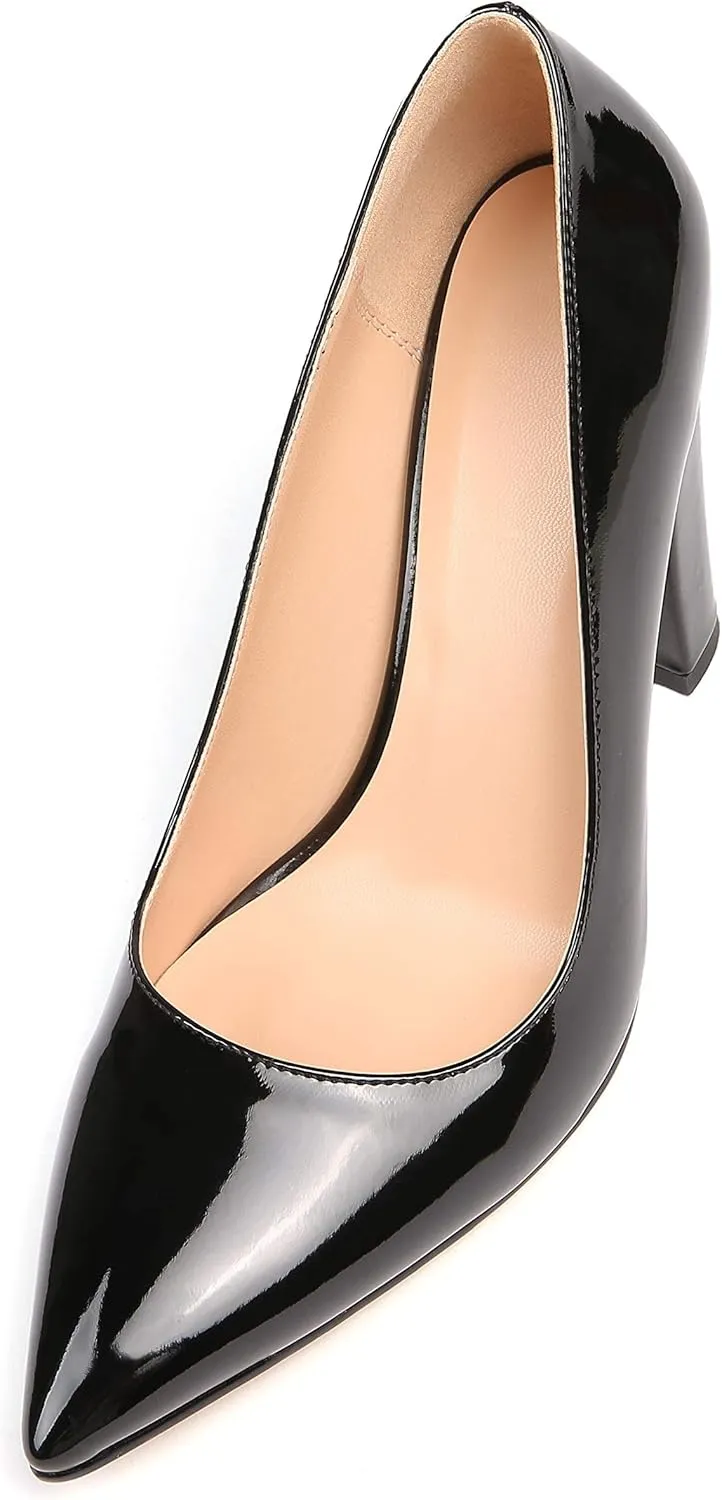 Eldof Women's Pointed Toe Chunky High Heel Pumps Slip On 4 Inches Block Heels Comfortable High Heeled Dress Shoes for Wedding Party Event