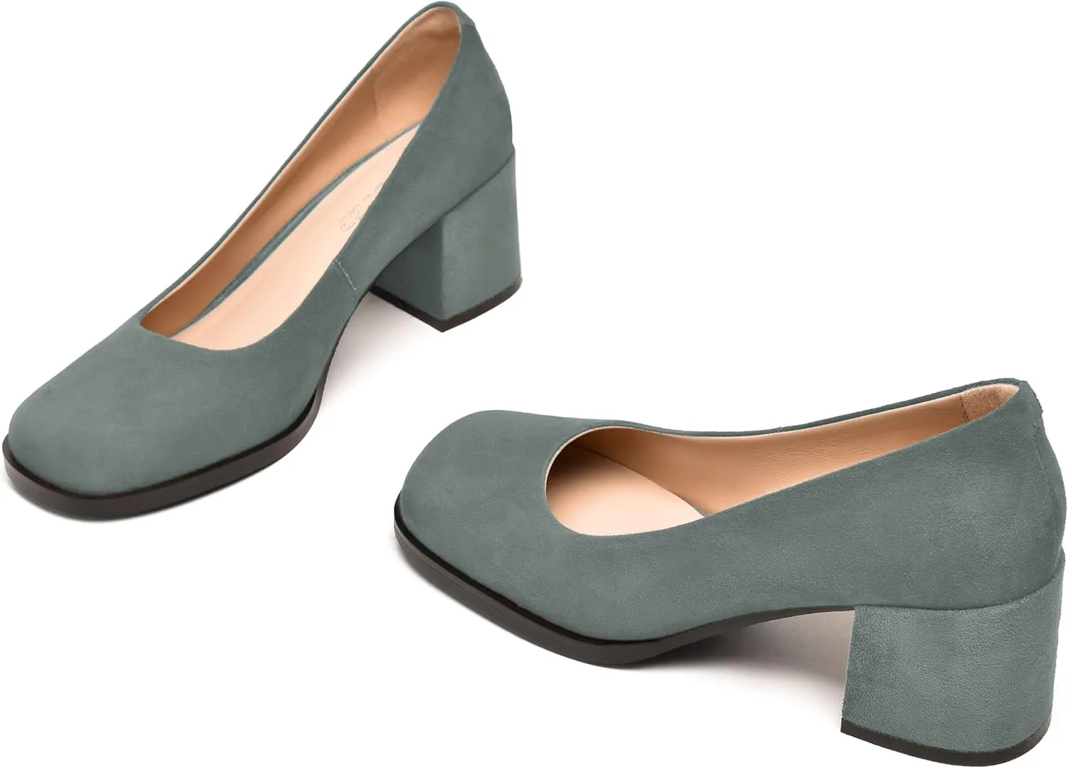FEMSTEP Womens Suede Leather Dating Square Toe Slip On Cute Chunky Low Heel Pumps Shoes 2.2 Inch