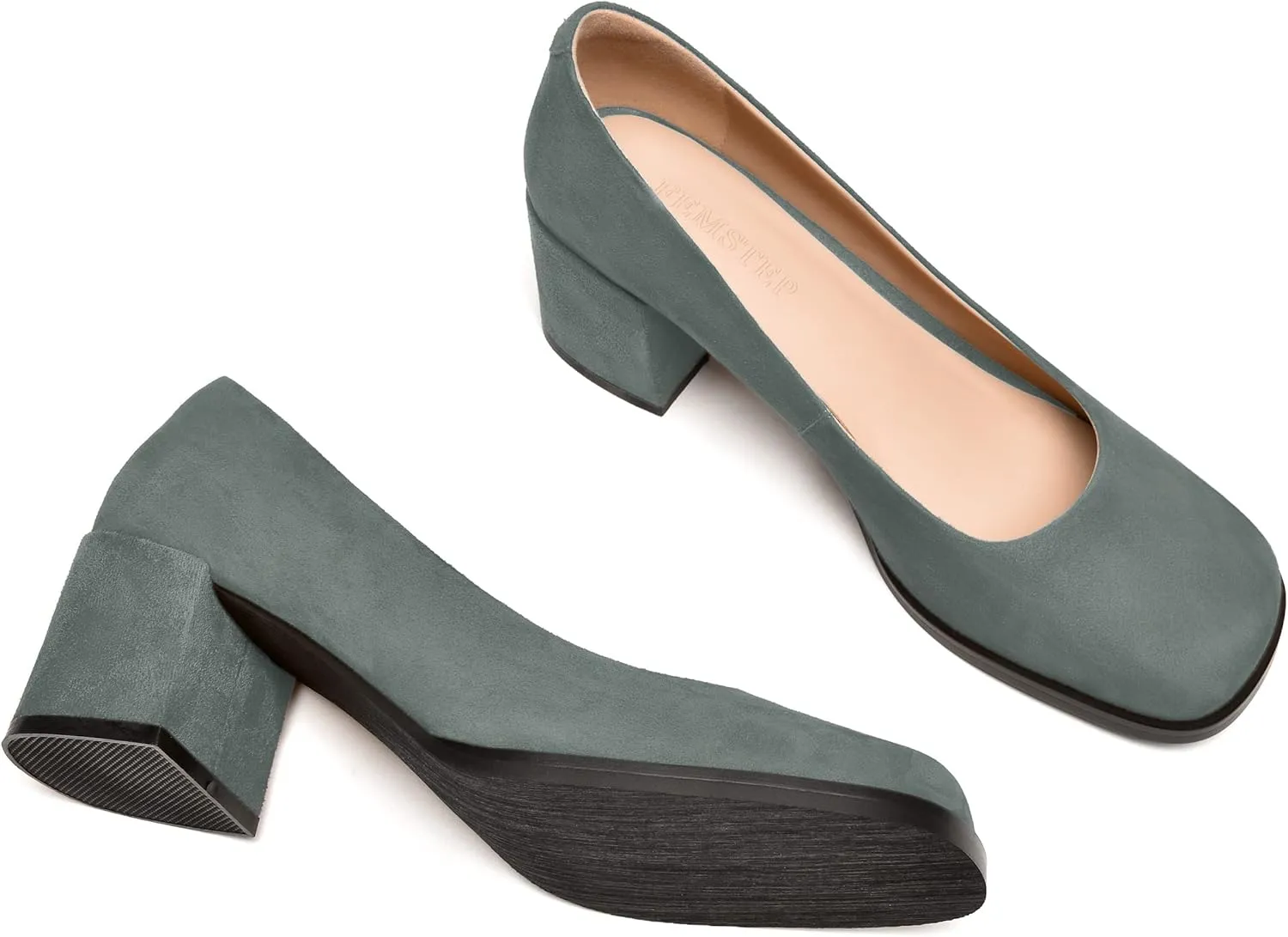 FEMSTEP Womens Suede Leather Dating Square Toe Slip On Cute Chunky Low Heel Pumps Shoes 2.2 Inch