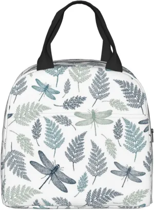 Fern Botanical Dragonfly Durable Insulated Lunch Bag For Women/Men/Kids Reusable Lunch Box With Pocket Zippers For Office School Outdoor
