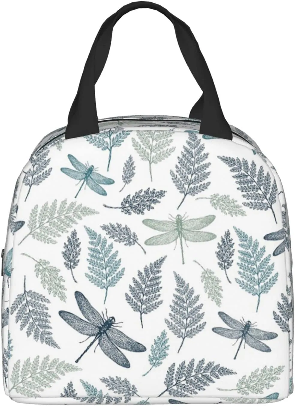 Fern Botanical Dragonfly Durable Insulated Lunch Bag For Women/Men/Kids Reusable Lunch Box With Pocket Zippers For Office School Outdoor