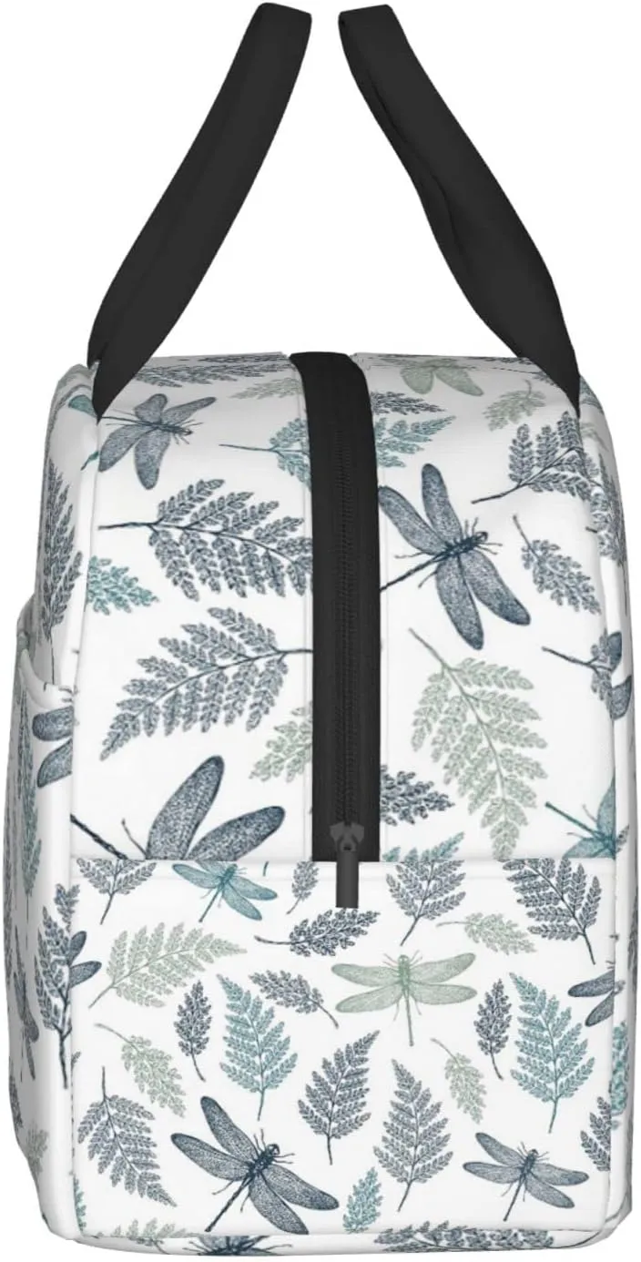 Fern Botanical Dragonfly Durable Insulated Lunch Bag For Women/Men/Kids Reusable Lunch Box With Pocket Zippers For Office School Outdoor