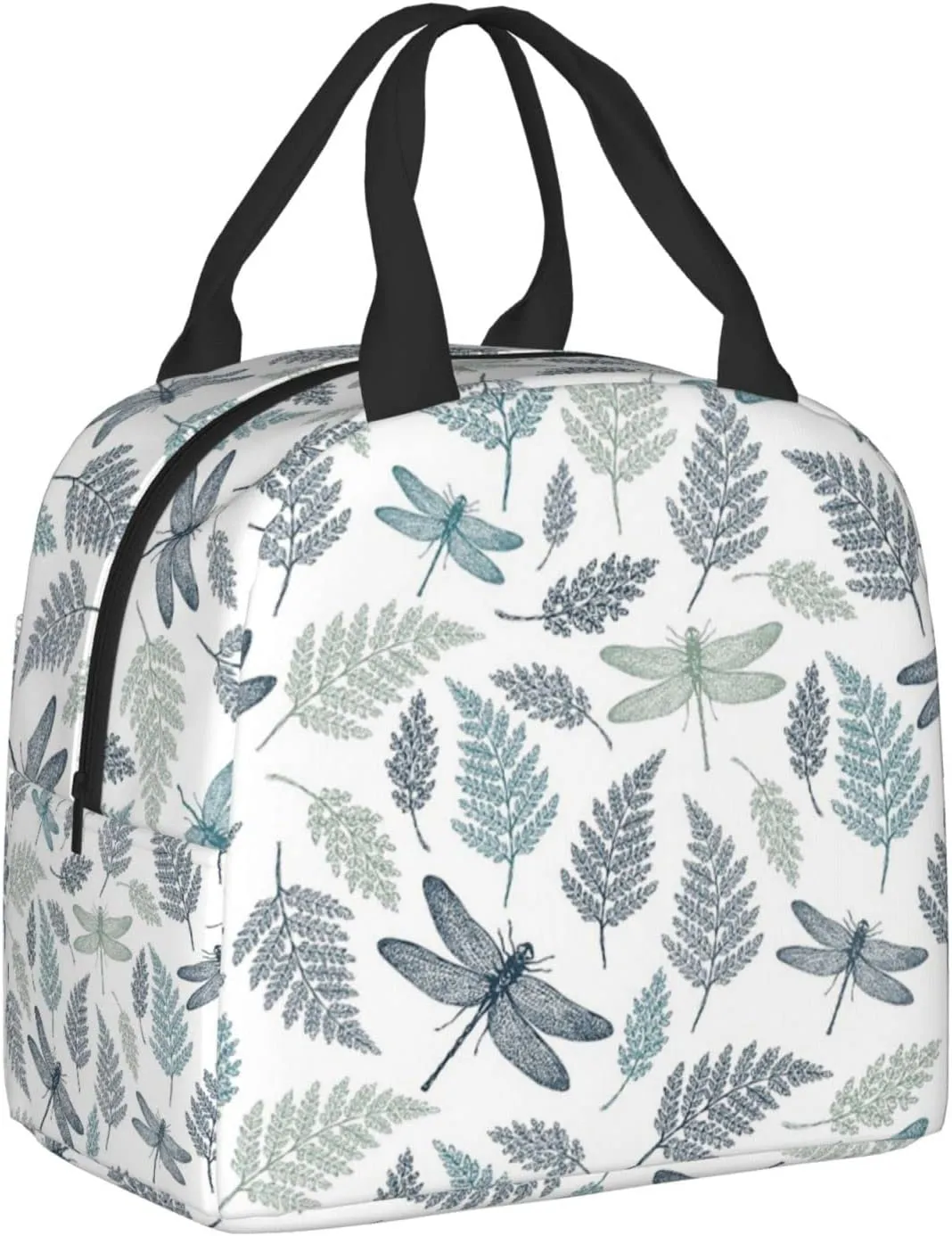 Fern Botanical Dragonfly Durable Insulated Lunch Bag For Women/Men/Kids Reusable Lunch Box With Pocket Zippers For Office School Outdoor