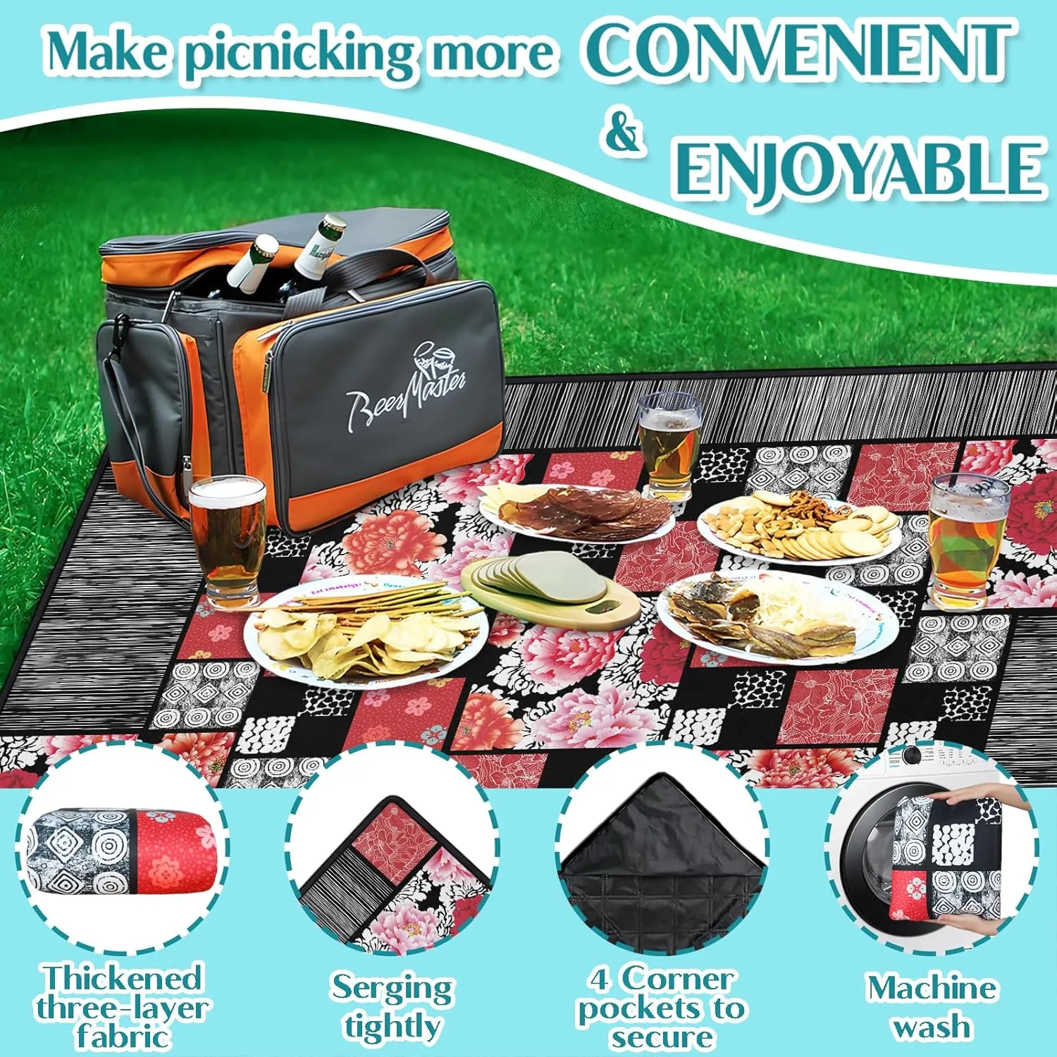 Floral Picnic Blankets Waterproof Foldable, 60″X80″ Peony Thick Picnic Mat Outdoor Blanket for Grass, Modern Beach Blanket Sandproof Picnic Accessories for Camping Party Park Travel