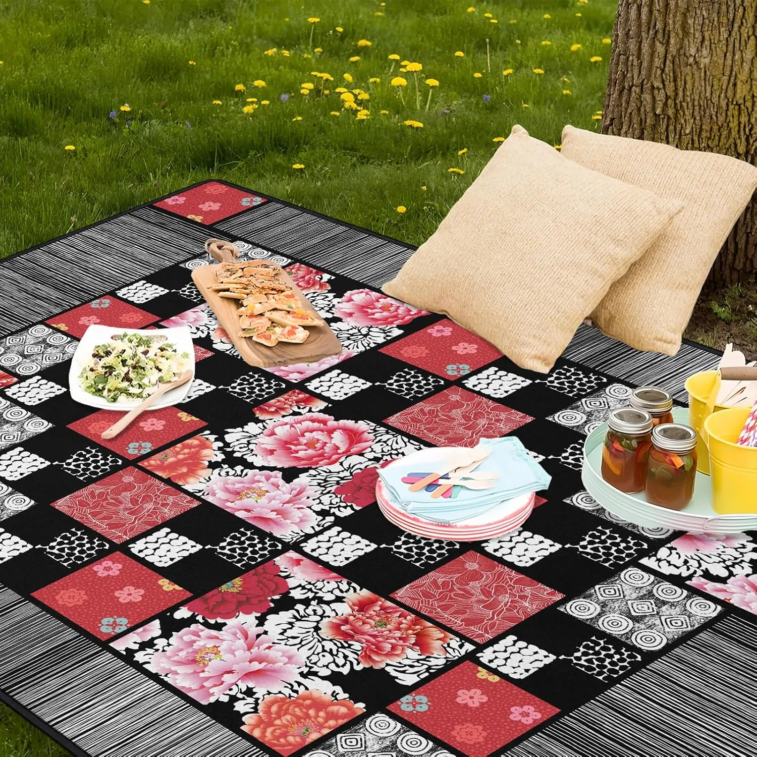 Floral Picnic Blankets Waterproof Foldable, 60″X80″ Peony Thick Picnic Mat Outdoor Blanket for Grass, Modern Beach Blanket Sandproof Picnic Accessories for Camping Party Park Travel