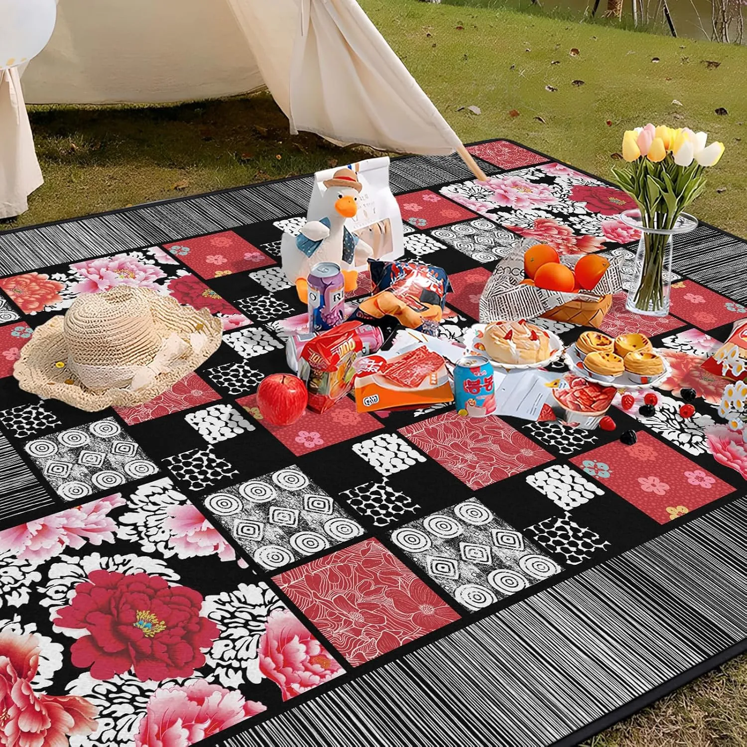 Floral Picnic Blankets Waterproof Foldable, 60″X80″ Peony Thick Picnic Mat Outdoor Blanket for Grass, Modern Beach Blanket Sandproof Picnic Accessories for Camping Party Park Travel