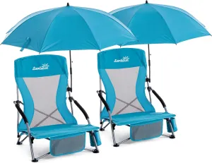 Folding Beach Chair with Umbrella for Adults, 2 Pack Portable Low Beach Chairs with 300lbs Capacity, Lightweight Fodable Camping Chair for Travel, Picnic, Concert & Outdoor Activities, Blue