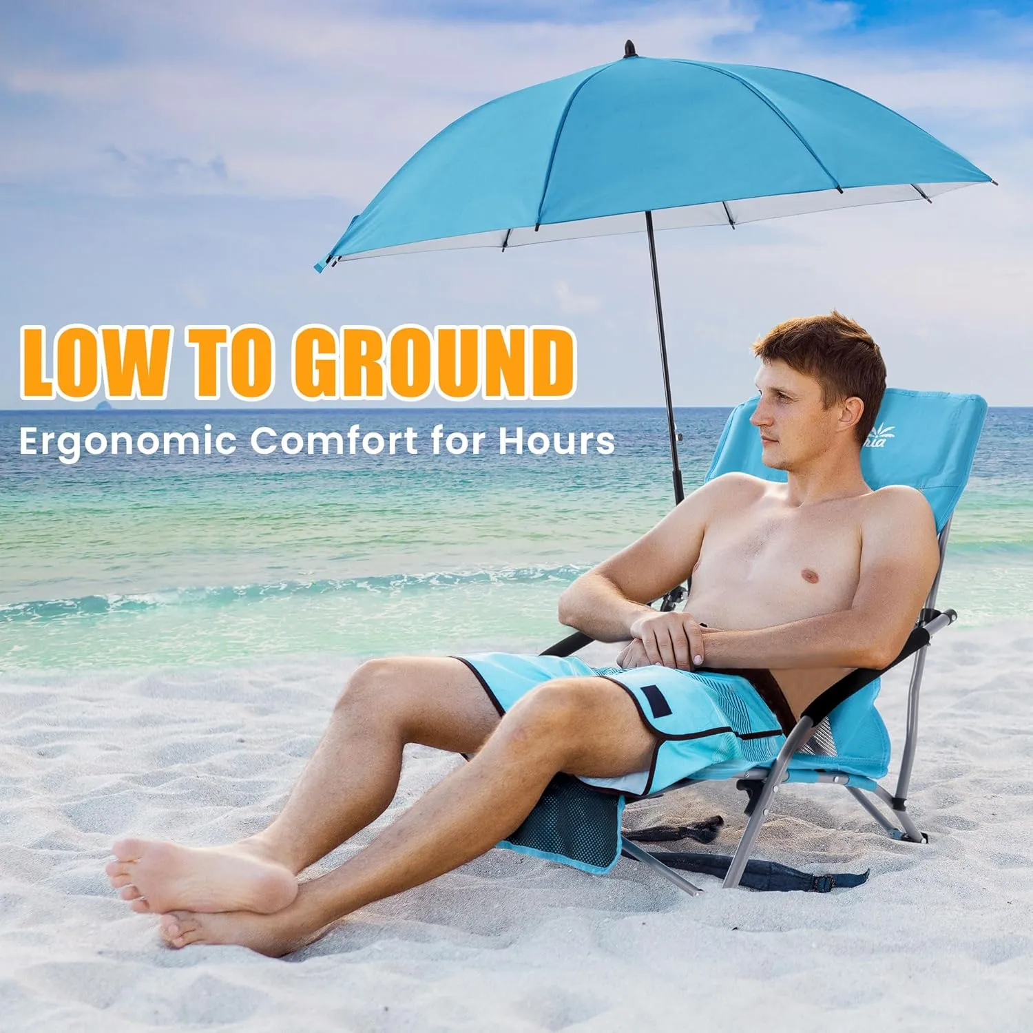 Folding Beach Chair with Umbrella for Adults, 2 Pack Portable Low Beach Chairs with 300lbs Capacity, Lightweight Fodable Camping Chair for Travel, Picnic, Concert & Outdoor Activities, Blue
