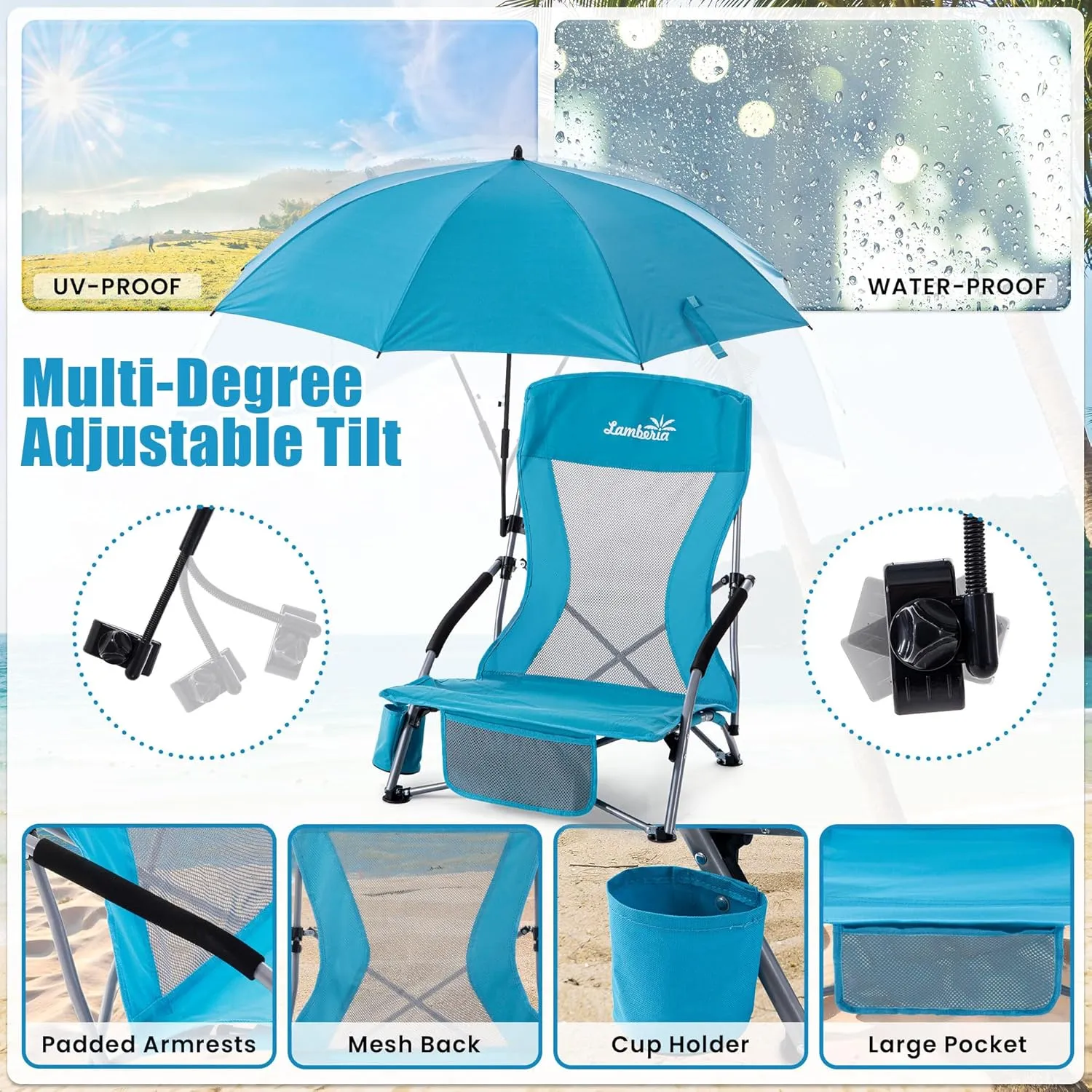 Folding Beach Chair with Umbrella for Adults, 2 Pack Portable Low Beach Chairs with 300lbs Capacity, Lightweight Fodable Camping Chair for Travel, Picnic, Concert & Outdoor Activities, Blue