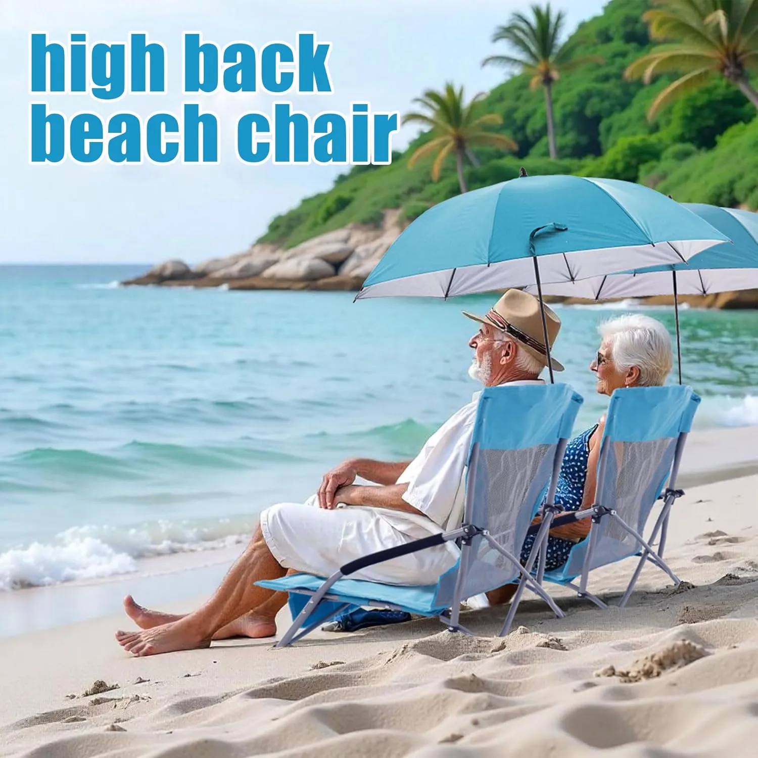 Folding Beach Chair with Umbrella for Adults, 2 Pack Portable Low Beach Chairs with 300lbs Capacity, Lightweight Fodable Camping Chair for Travel, Picnic, Concert & Outdoor Activities, Blue