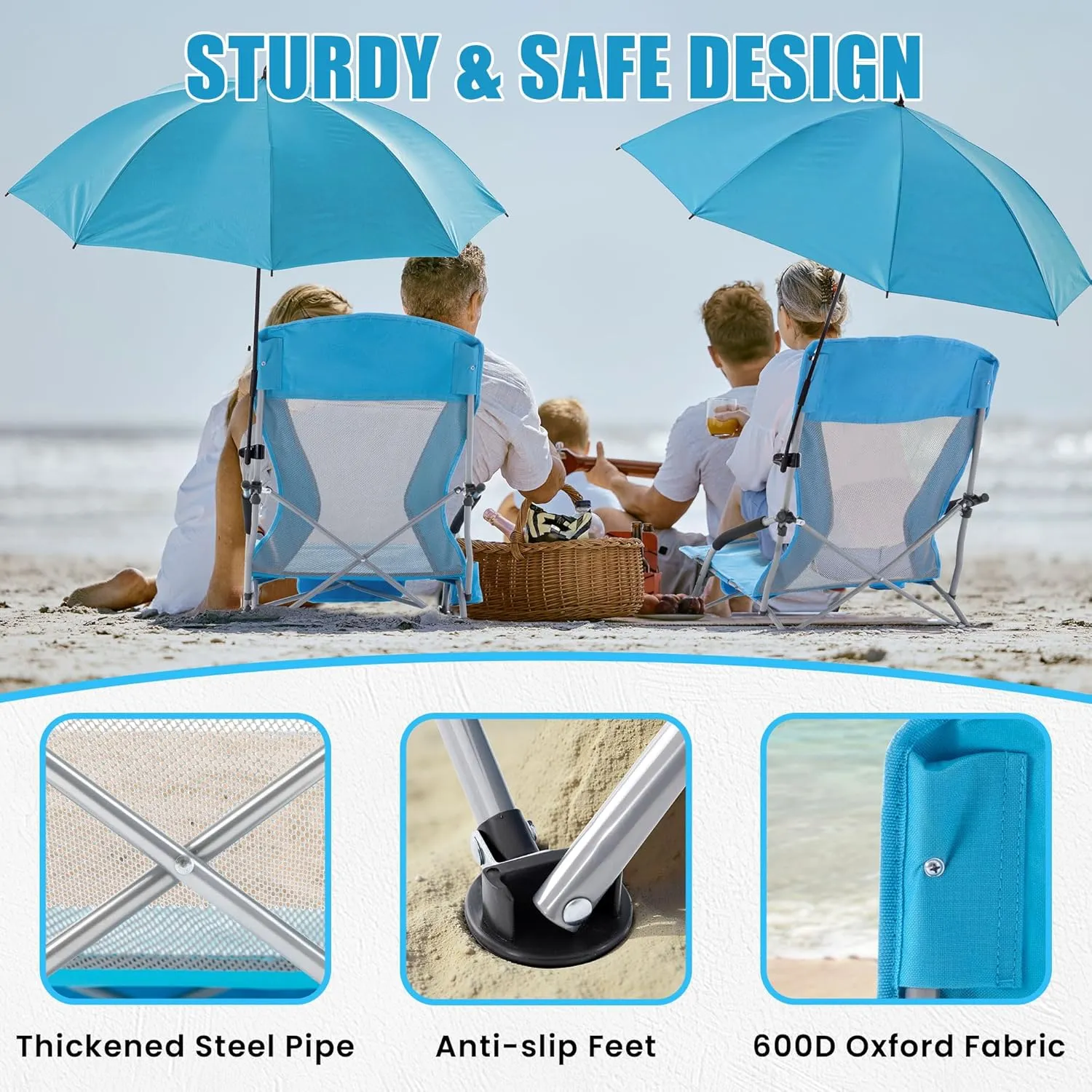 Folding Beach Chair with Umbrella for Adults, 2 Pack Portable Low Beach Chairs with 300lbs Capacity, Lightweight Fodable Camping Chair for Travel, Picnic, Concert & Outdoor Activities, Blue