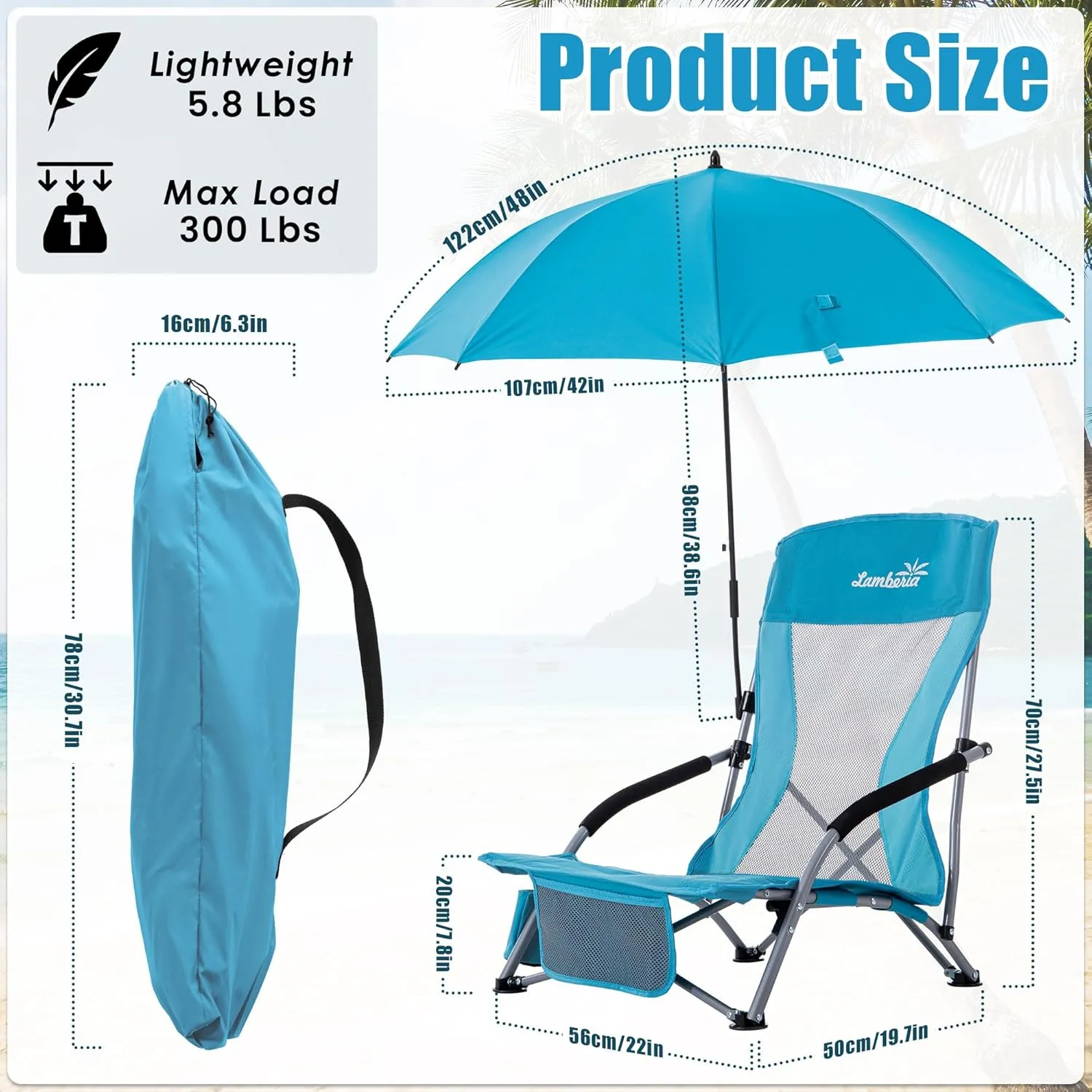 Folding Beach Chair with Umbrella for Adults, 2 Pack Portable Low Beach Chairs with 300lbs Capacity, Lightweight Fodable Camping Chair for Travel, Picnic, Concert & Outdoor Activities, Blue