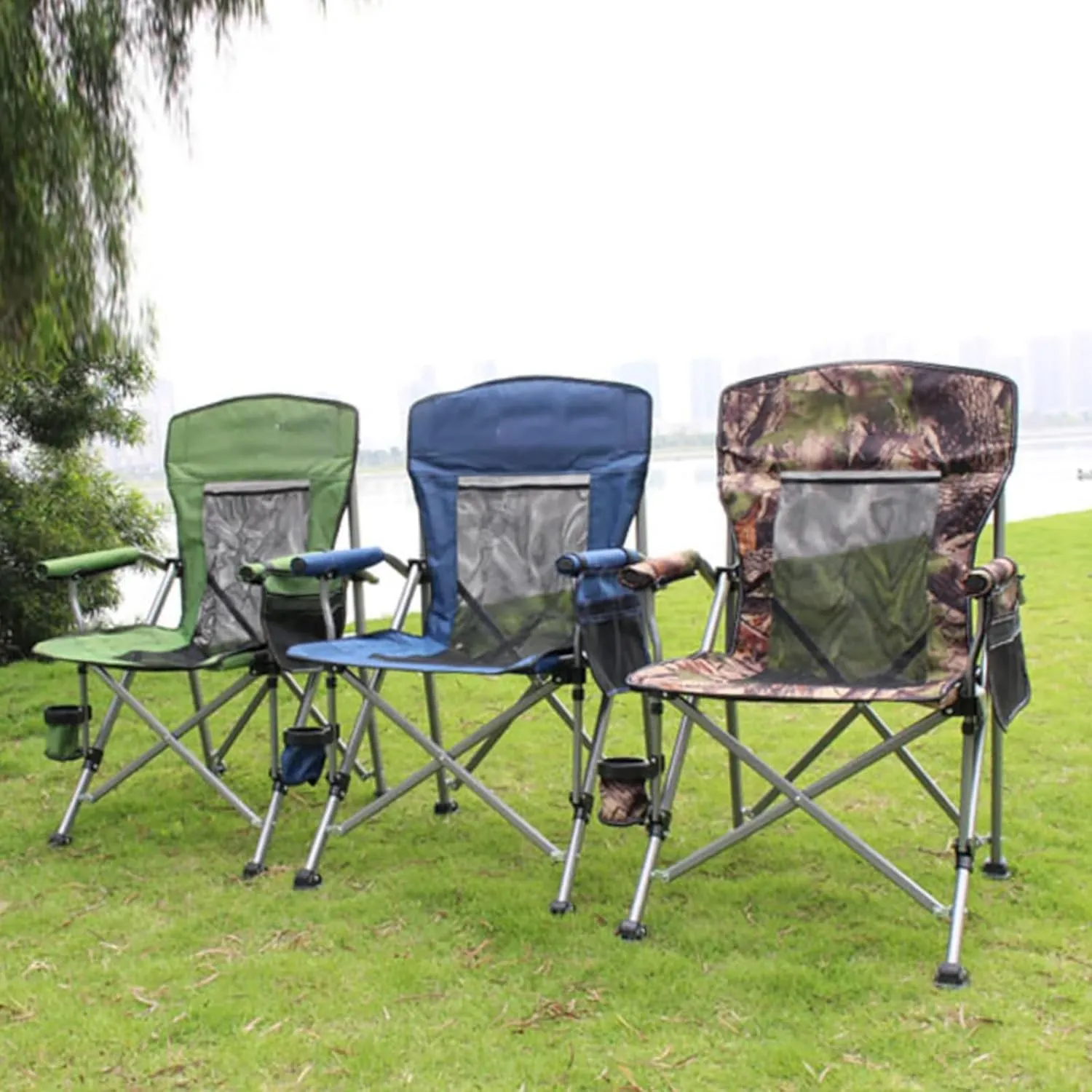 Folding Camping Chair Simple Portable Camping Chair Extra Large Heavy Duty Outdoor Chair Fishing Chair Beach Chair with Cup Holder and Storage Bag, Breathable Mesh on Back, Capaci