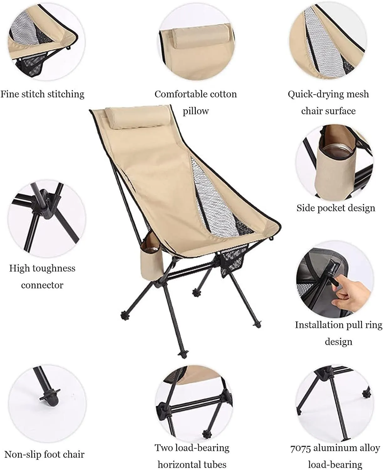 Folding Camping Portable High Back Camping Chair Folding Chair with Headrest Pocket for Outdoor Travel Picnic Hiking Fishing Chairs Foldable(Black)