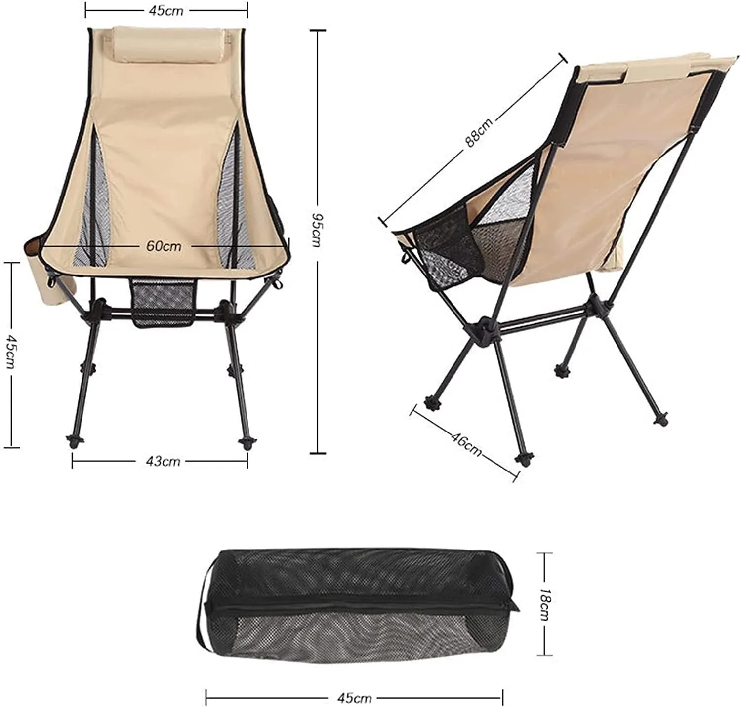Folding Camping Portable High Back Camping Chair Folding Chair with Headrest Pocket for Outdoor Travel Picnic Hiking Fishing Chairs Foldable(Black)
