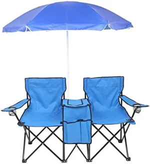 Folding Double Camping Chair w/Umbrella Beverage Holder Carrying Bag Cooler Fold Up Table, Large Bearing Capacity for Beach Patio Pool Park Outdoor Blue