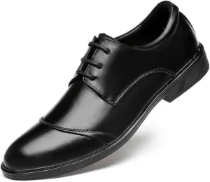 Formal Shoes for Men Lace Up Round Toe Genuine Leather Cap Toe Derby Shoes Anti-Slip Rubber Sole Block Heel Low Top Business
