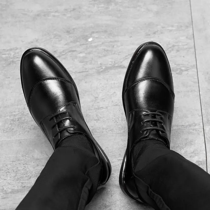Formal Shoes for Men Lace Up Round Toe Genuine Leather Cap Toe Derby Shoes Anti-Slip Rubber Sole Block Heel Low Top Business
