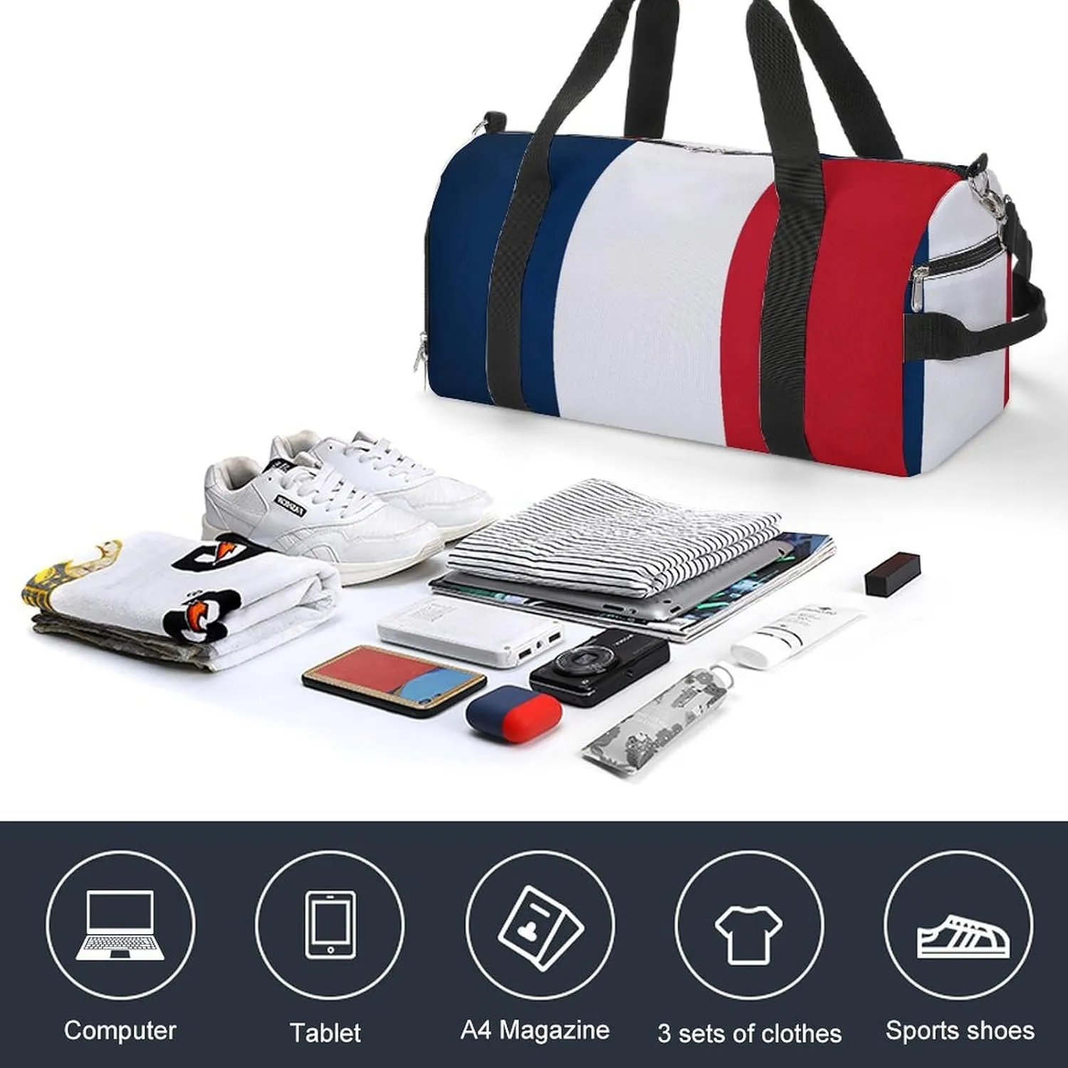 France Flag Travel Gym Bag Waterproof Weekender with Shoe Compartment and Wet Pocket