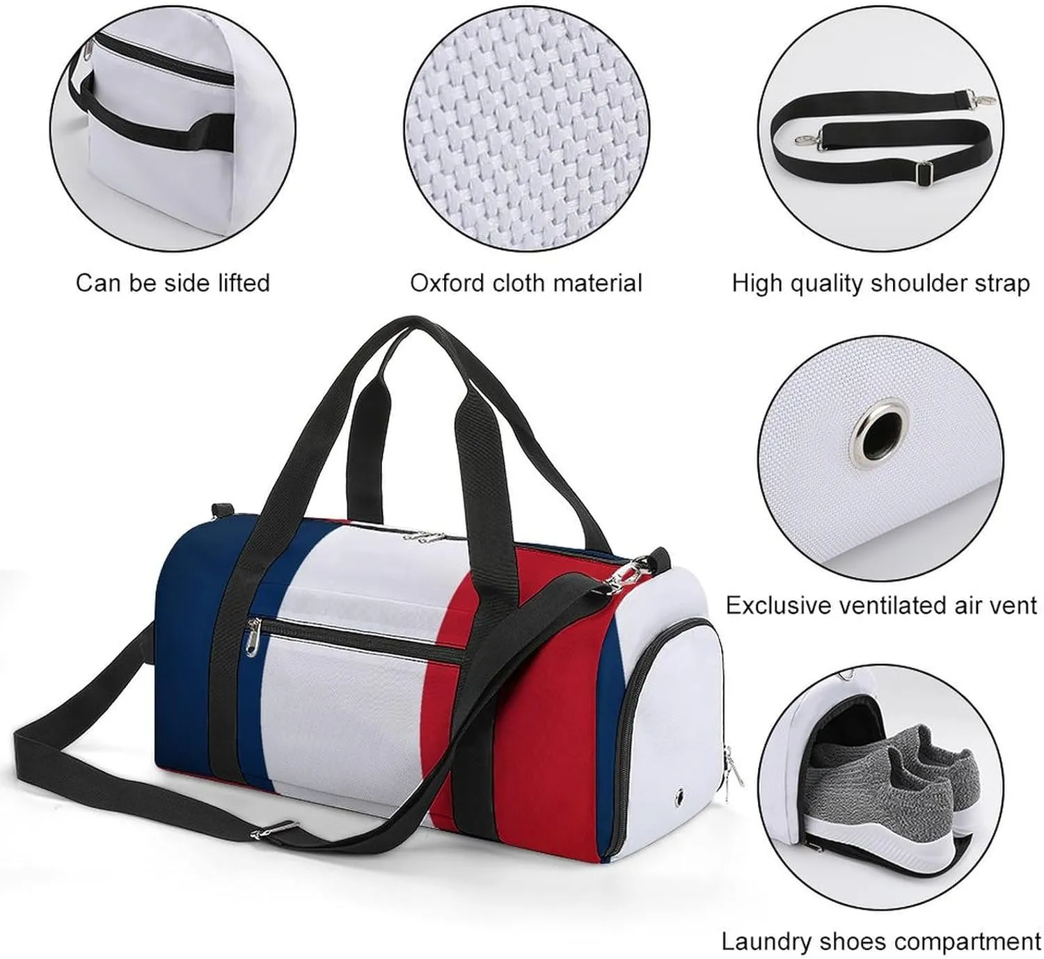 France Flag Travel Gym Bag Waterproof Weekender with Shoe Compartment and Wet Pocket