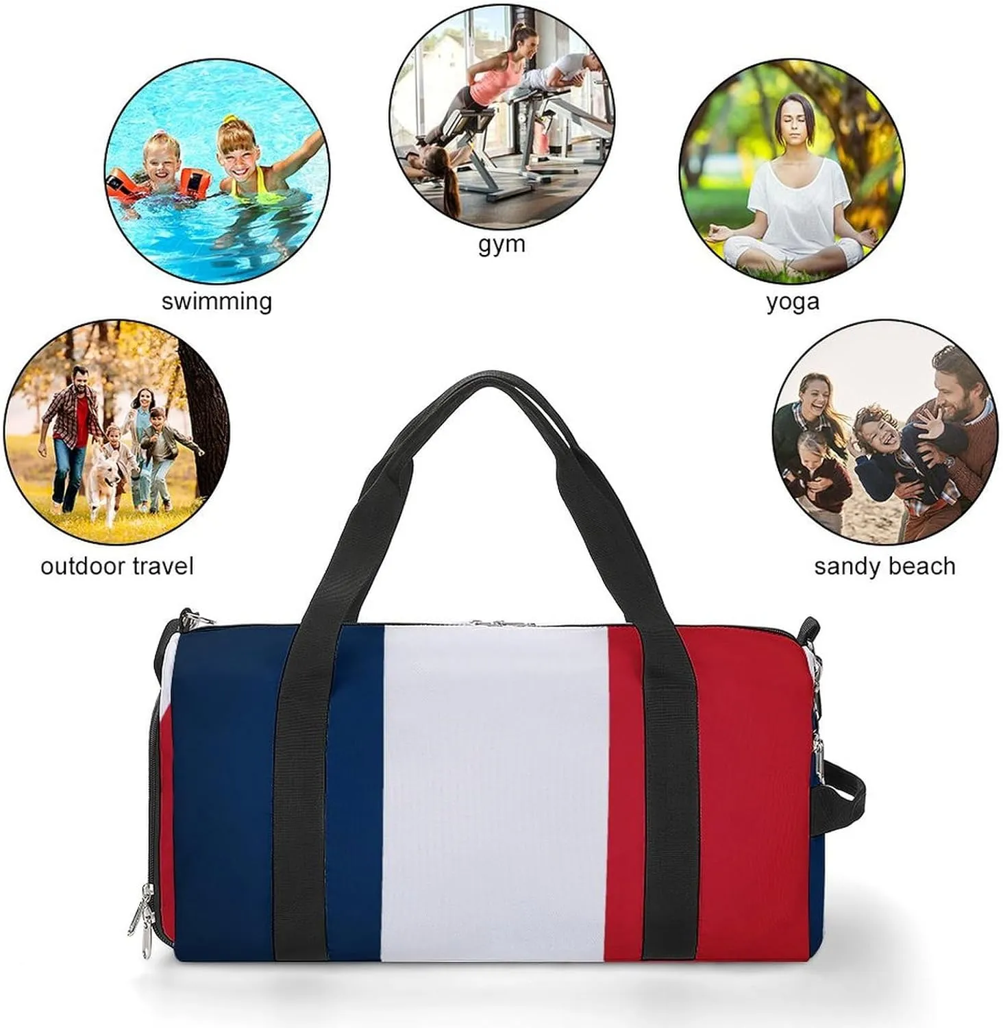 France Flag Travel Gym Bag Waterproof Weekender with Shoe Compartment and Wet Pocket