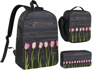 Freshly Picked Tulips 3-Piece Backpack Set – Lightweight backpack, Insulated Lunch Bag & Pencil Case, Durable Oxford for Travel/Work