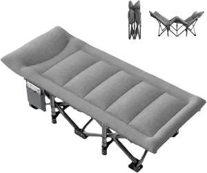 Gray, Folding Camping Cot for Adults, Heavy Duty Camping Bed with Mattress and Side Bag, Portable Sleeping Cot for Camping,Fishing,Picnic,Pool,Beach,Hospital,Guest Bed,Office Nap