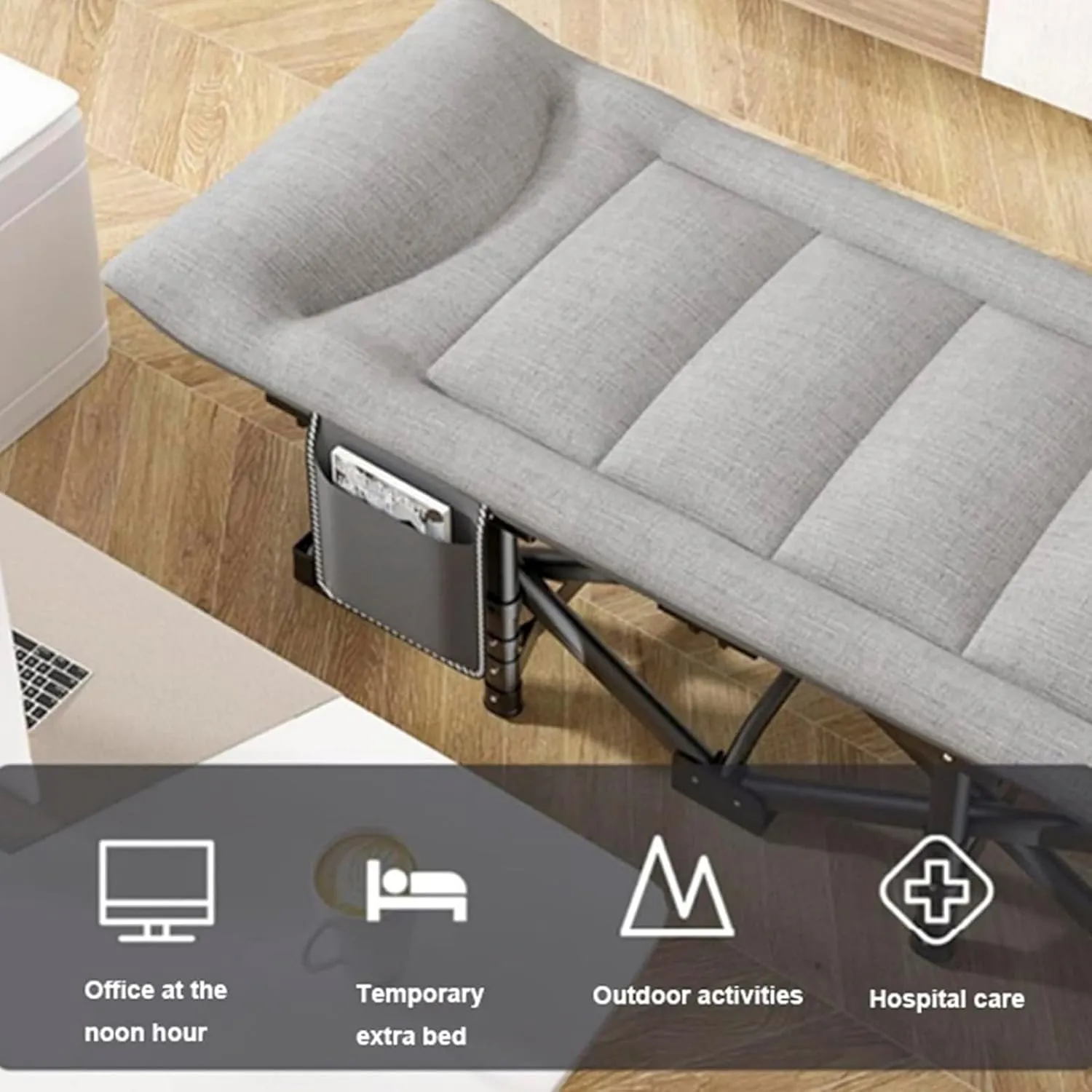 Gray, Folding Camping Cot for Adults, Heavy Duty Camping Bed with Mattress and Side Bag, Portable Sleeping Cot for Camping,Fishing,Picnic,Pool,Beach,Hospital,Guest Bed,Office Nap