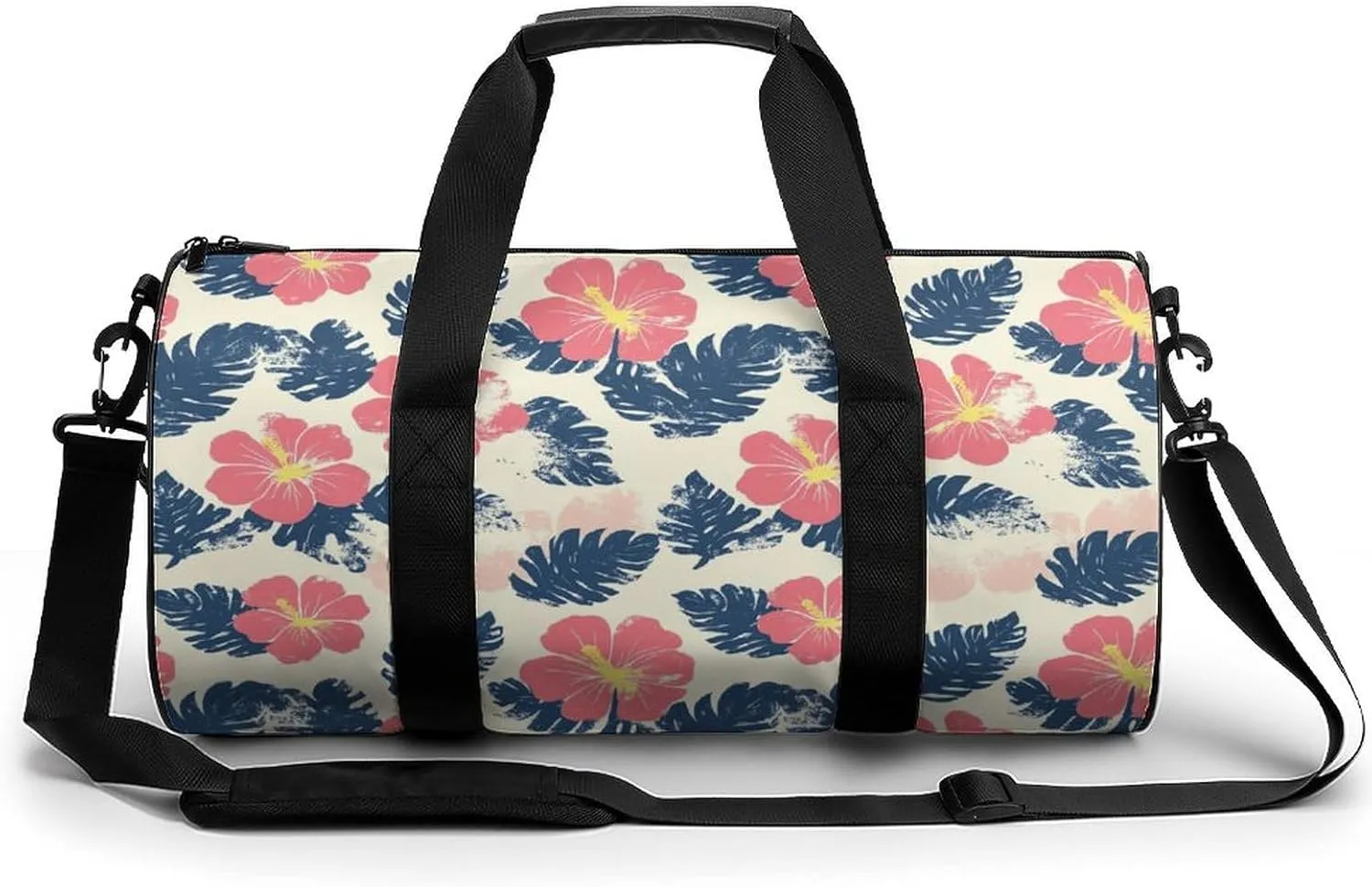 Gym Bag 17in for Men Women, Waterproof Foldable Sports Organizer, Durable Workout Travel Duffle Bag, Hibiscus And Leaves Imprint-167