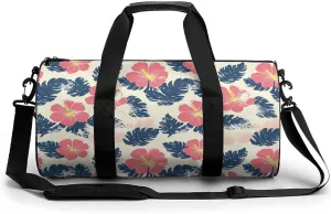 Gym Bag 17in for Men Women, Waterproof Foldable Sports Organizer, Durable Workout Travel Duffle Bag, Hibiscus And Leaves Imprint-167