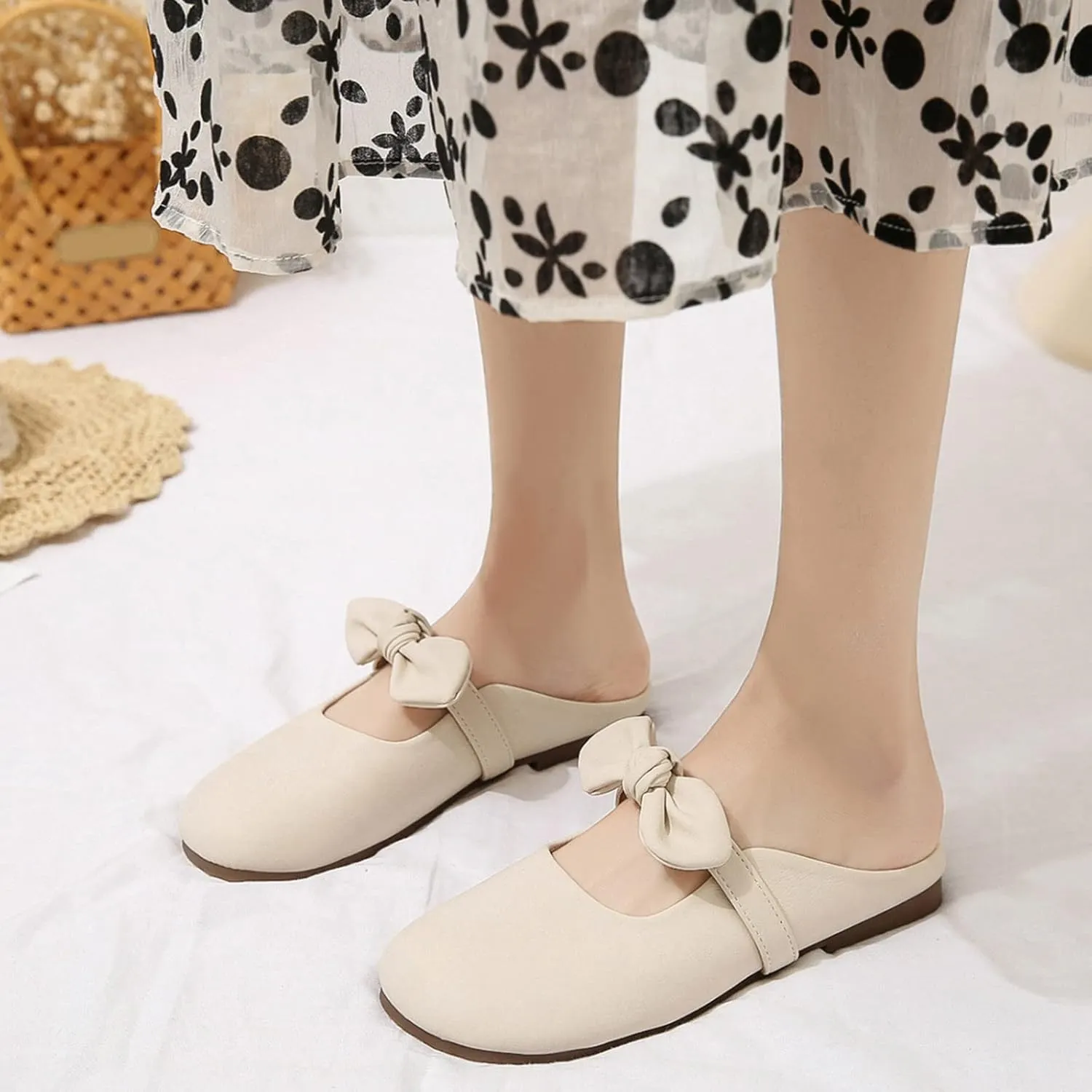 Hbeylia Women's Slip On Mules Loafers Fashion Bowknot Round Head Chunky Low Heels Shoes Comfortable Backless Casual Loafers Breathable Lightweight Non Slip Dress Ballet Flats Walking Shoes