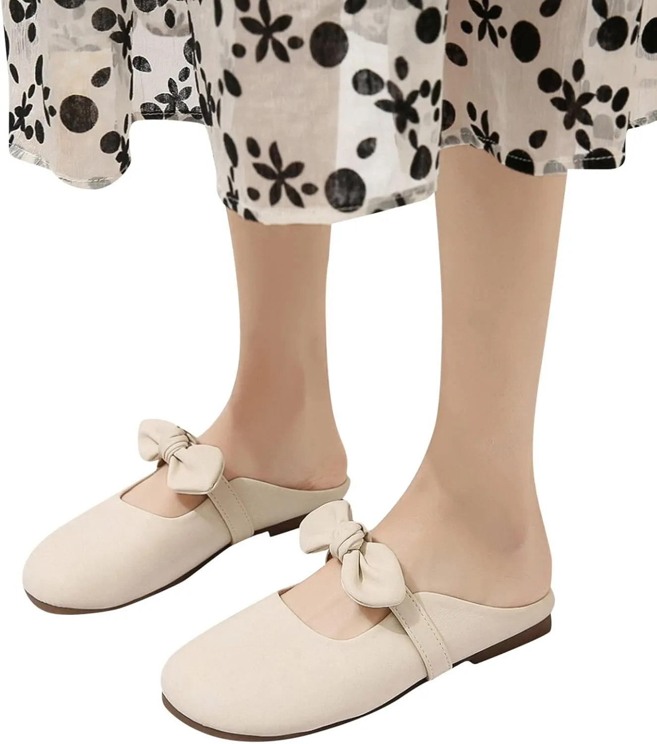 Hbeylia Women's Slip On Mules Loafers Fashion Bowknot Round Head Chunky Low Heels Shoes Comfortable Backless Casual Loafers Breathable Lightweight Non Slip Dress Ballet Flats Walking Shoes