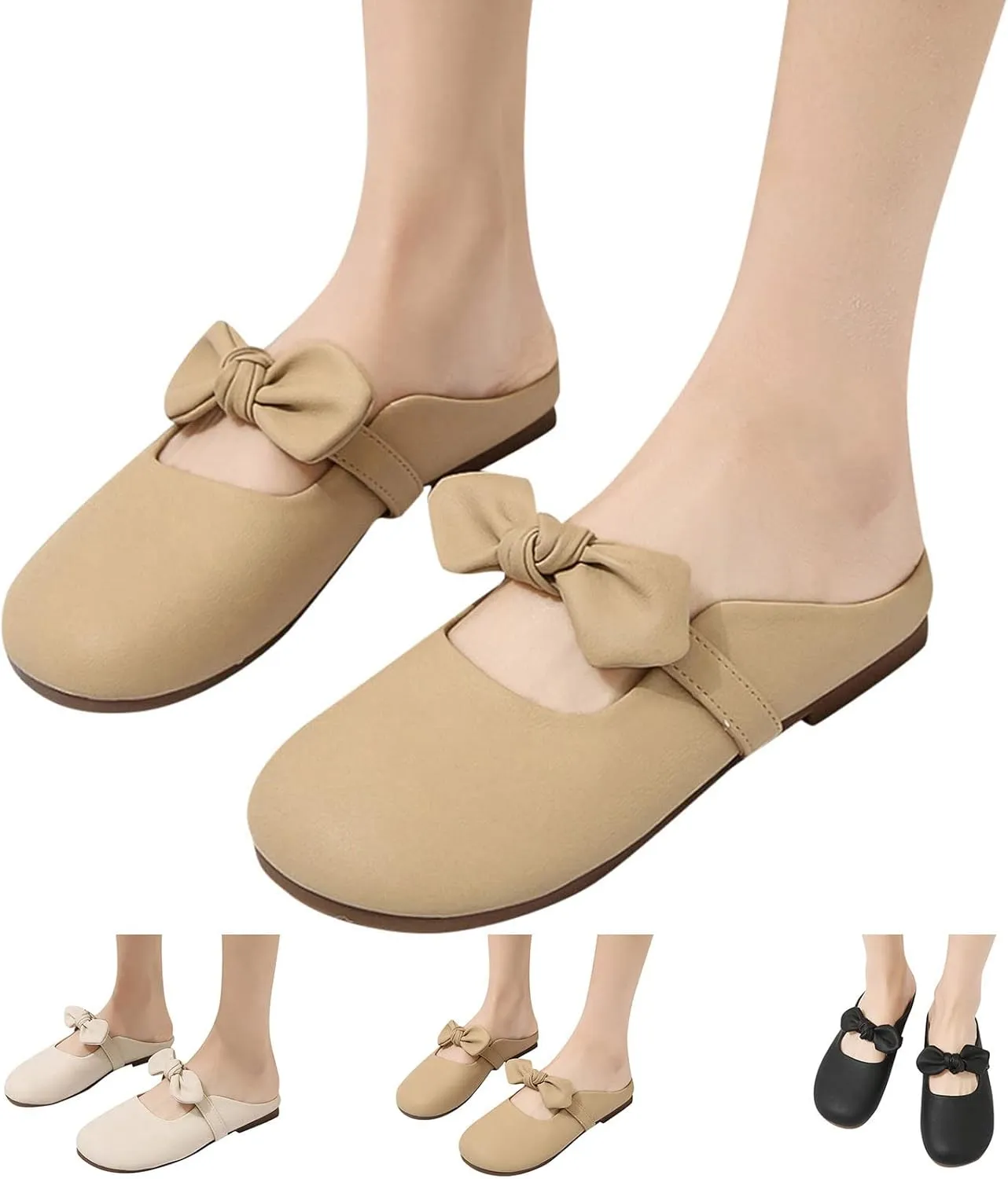 Hbeylia Women's Slip On Mules Loafers Fashion Bowknot Round Head Chunky Low Heels Shoes Comfortable Backless Casual Loafers Breathable Lightweight Non Slip Dress Ballet Flats Walking Shoes