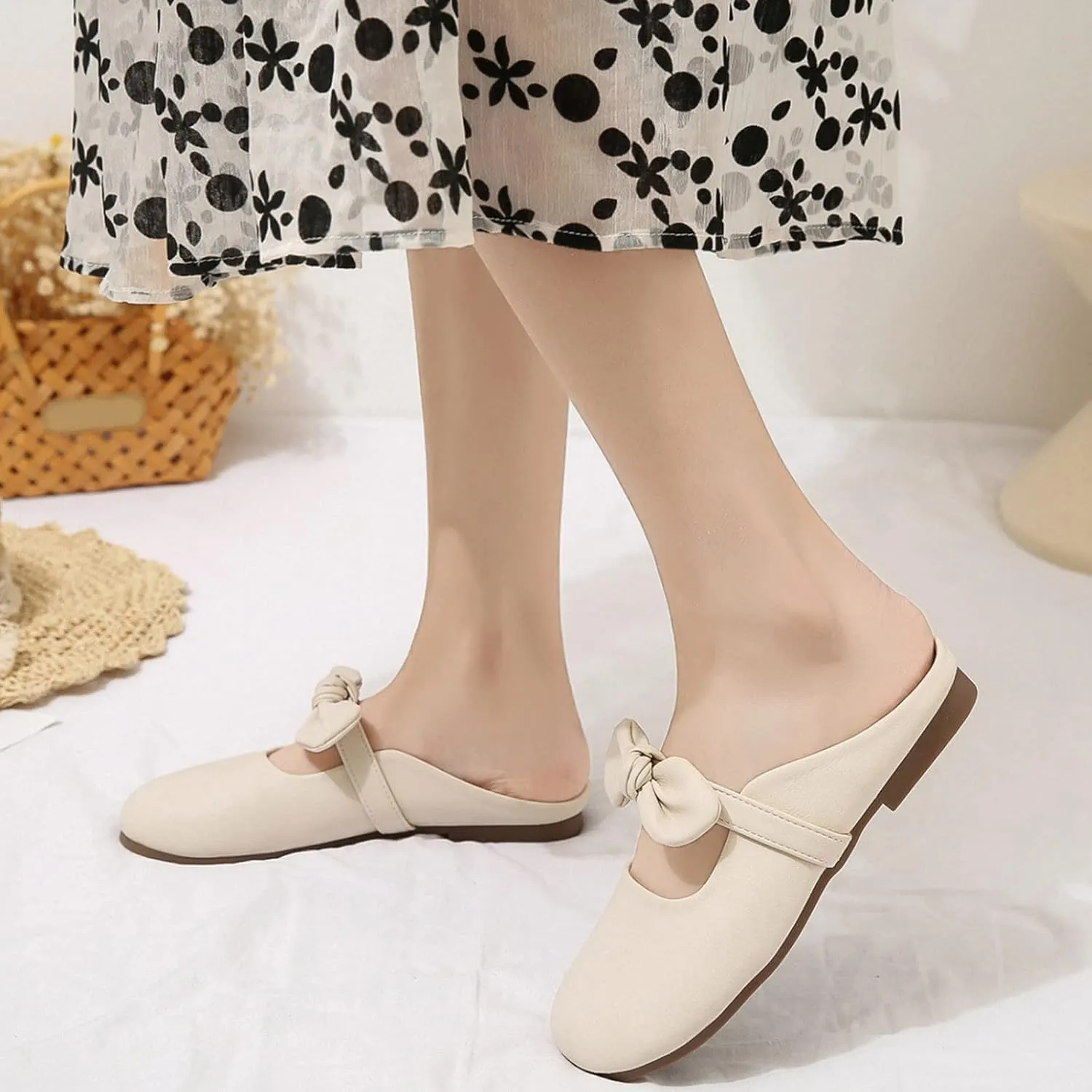 Hbeylia Women's Slip On Mules Loafers Fashion Bowknot Round Head Chunky Low Heels Shoes Comfortable Backless Casual Loafers Breathable Lightweight Non Slip Dress Ballet Flats Walking Shoes