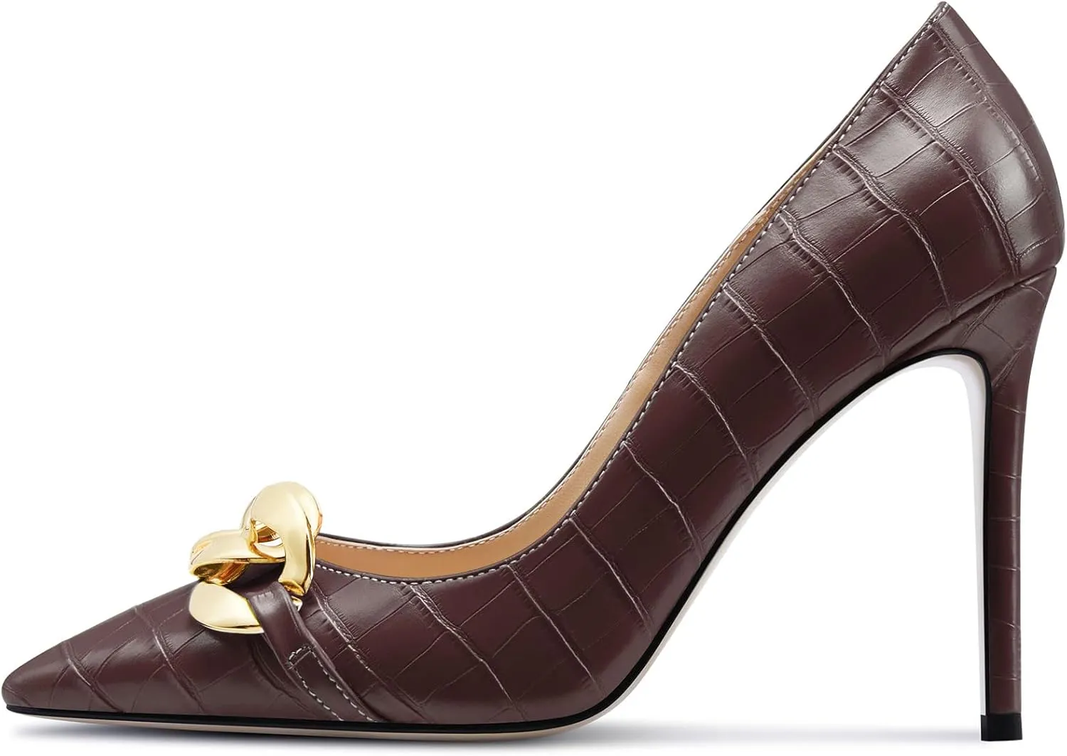 HDEUOLM Womens Stiletto High Heel Pointed Toe Pumps Slip-on Metal Chain Office Basic Classic 3.9 Inches Heels