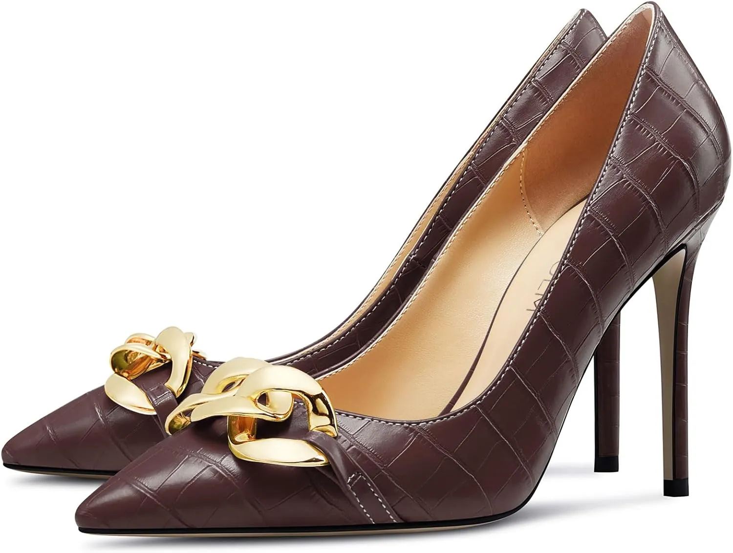 HDEUOLM Womens Stiletto High Heel Pointed Toe Pumps Slip-on Metal Chain Office Basic Classic 3.9 Inches Heels