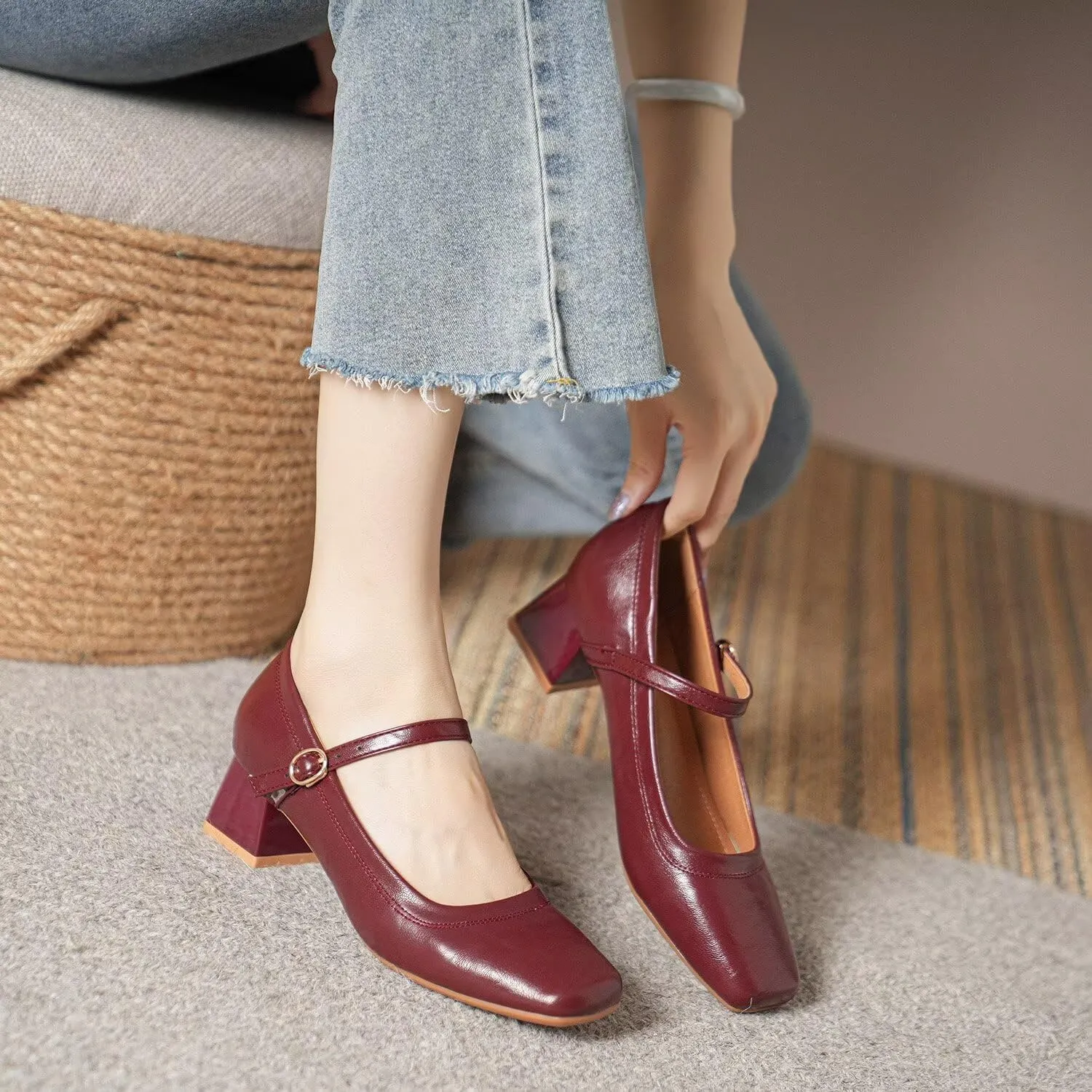Hee grand Mary Jane Heels for Women Square Toe Low Heel Dress Shoes Comfortable Chunky Block Office Pumps