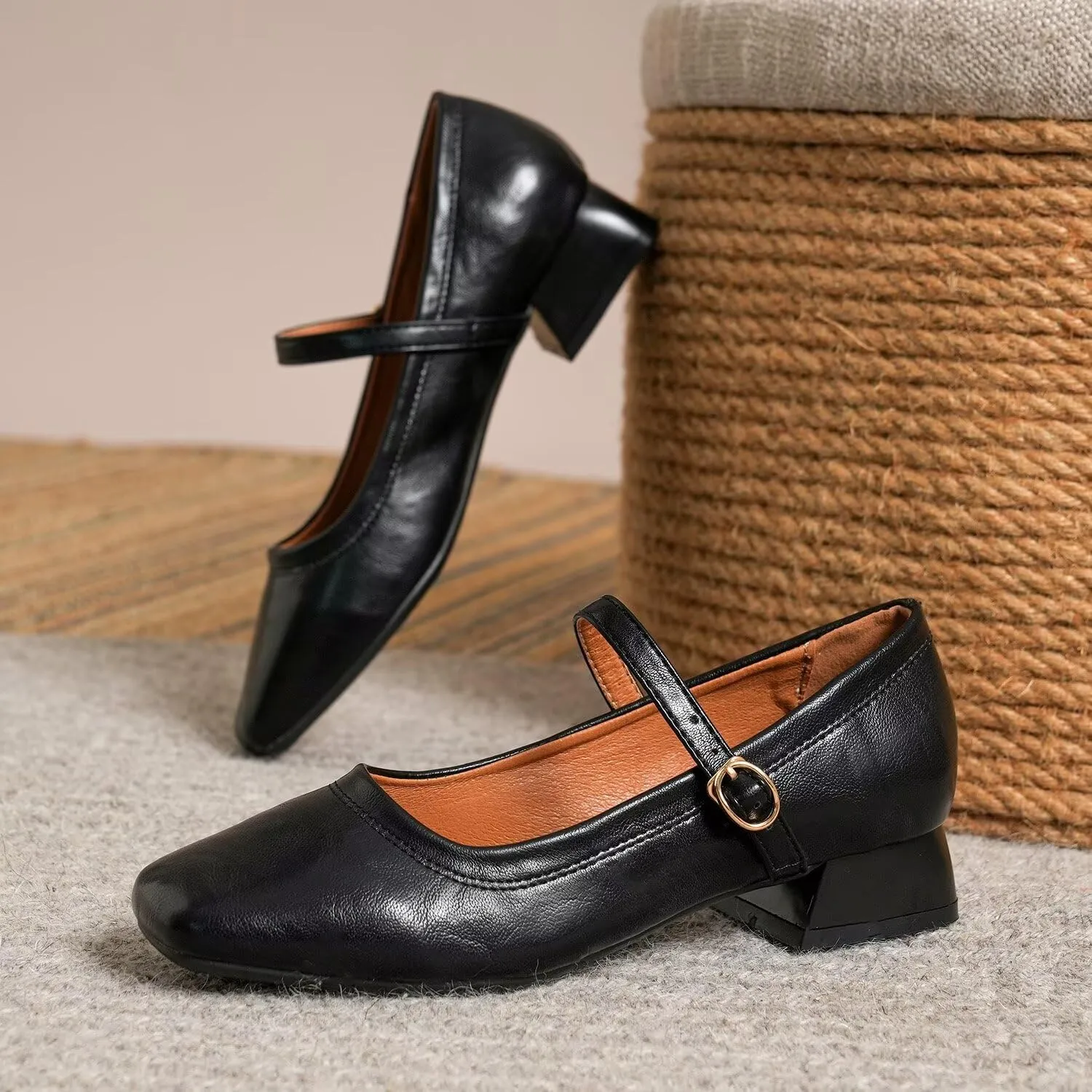 Hee grand Mary Jane Heels for Women Square Toe Low Heel Dress Shoes Comfortable Chunky Block Office Pumps