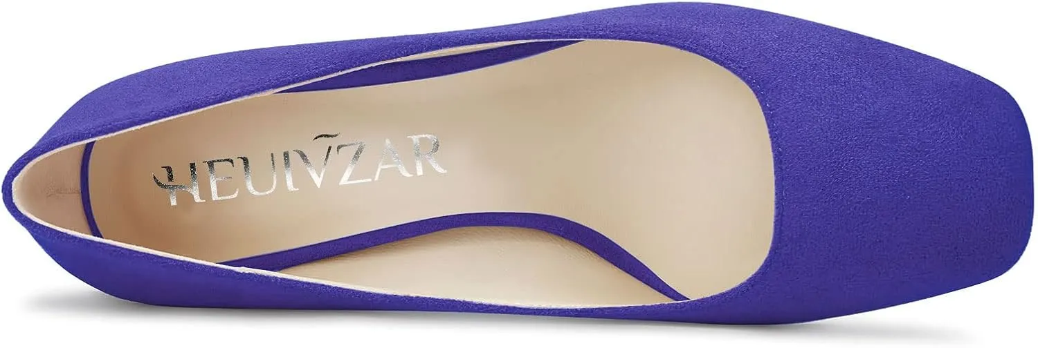 HEUIVZAR Women Pumps Square Toe Block Chunky Mid Heel Slip-on Dress Shoes Suede 3 Inch