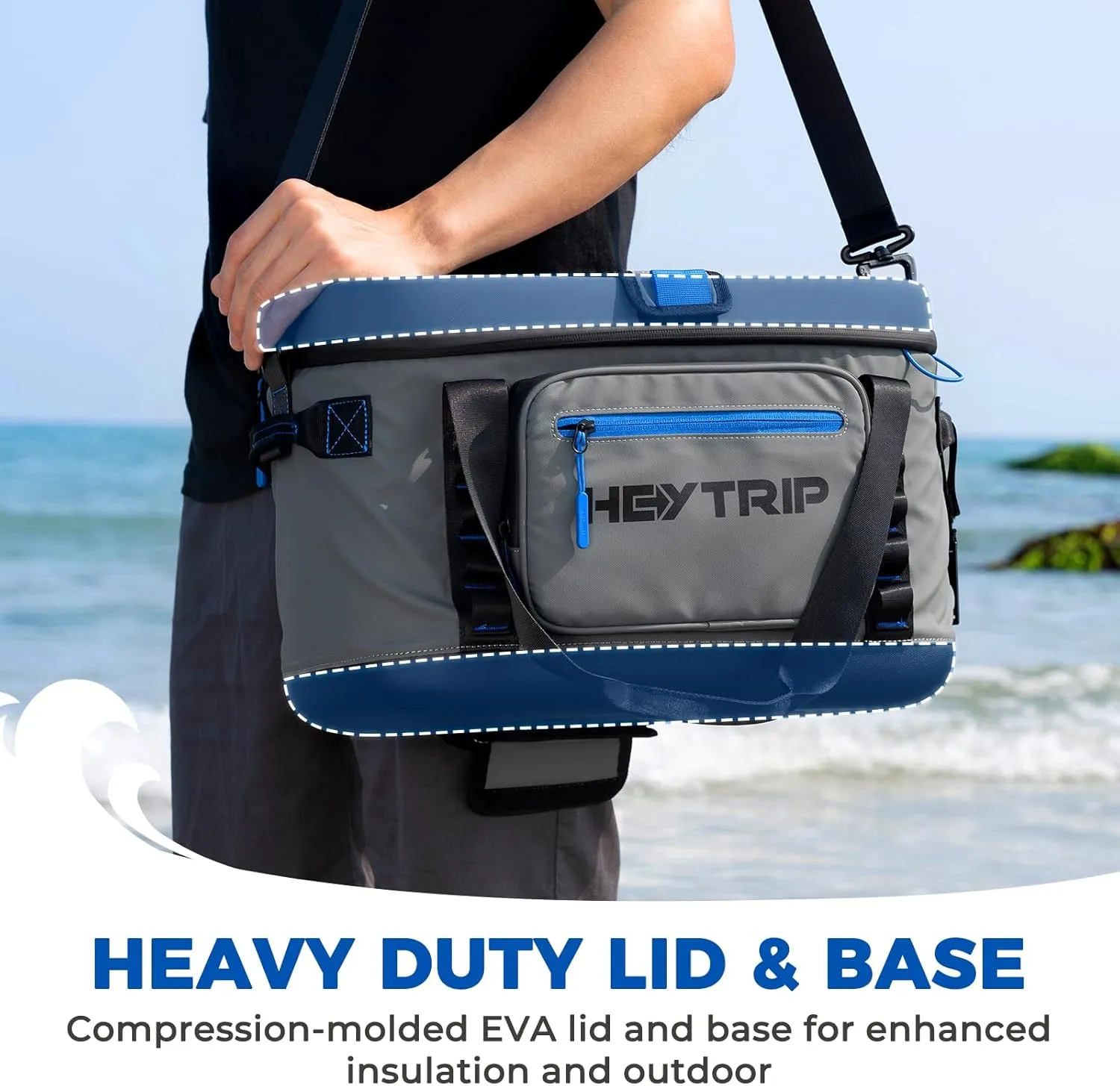 HEYTRIP Large Soft Cooler Bag, Soft Sided Insulated Cooler Hard Lid & Base Portable Beach Ice Chest with Shoulder Strap Leakproof Camping Cooler