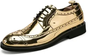 HOOENG Formal Oxford Shoes for Men Lace Up Brogue Embossed Wing tip Shiny Derby Shoes Vegan Leather Anti-Slip Non Slip Block Heel Rubber Sole Low Top (Color : Golden, Size : 9)