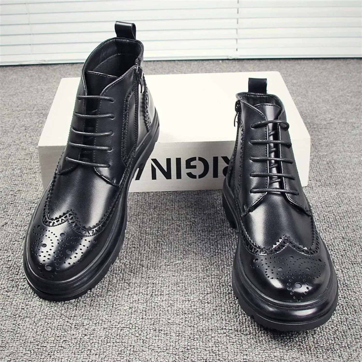 HOOENG Lace Up Boots for Men Derby Carved Brogue Win Tip Side Zip Vegan Leather Waterproof Anti-Slip Stylish Classic