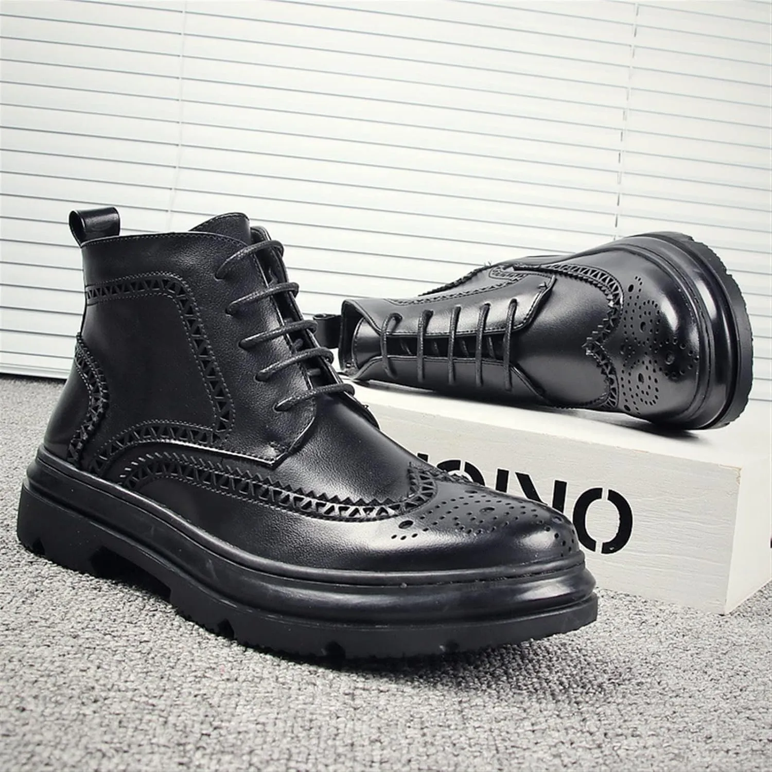 HOOENG Lace Up Boots for Men Derby Carved Brogue Win Tip Side Zip Vegan Leather Waterproof Anti-Slip Stylish Classic
