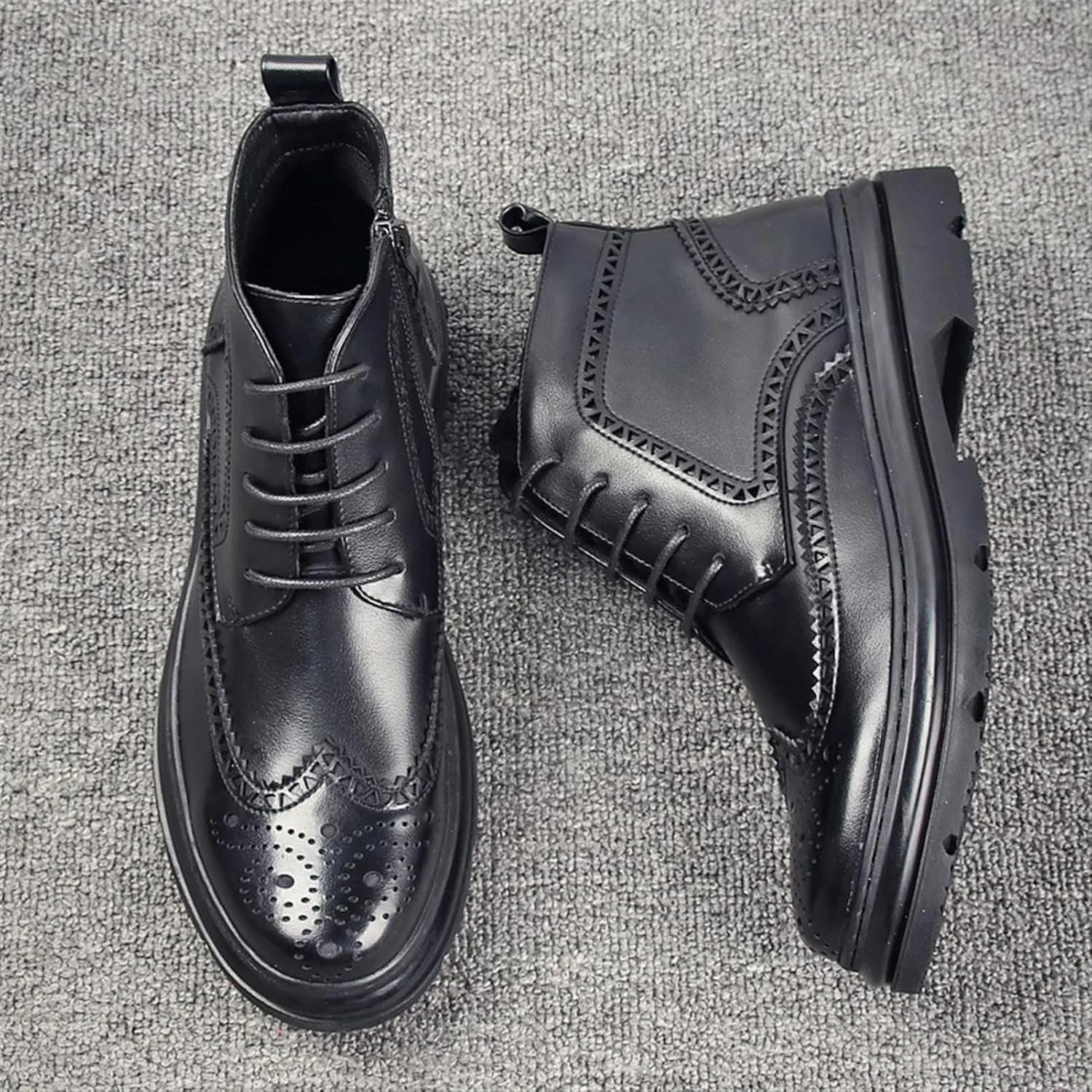 HOOENG Lace Up Boots for Men Derby Carved Brogue Win Tip Side Zip Vegan Leather Waterproof Anti-Slip Stylish Classic